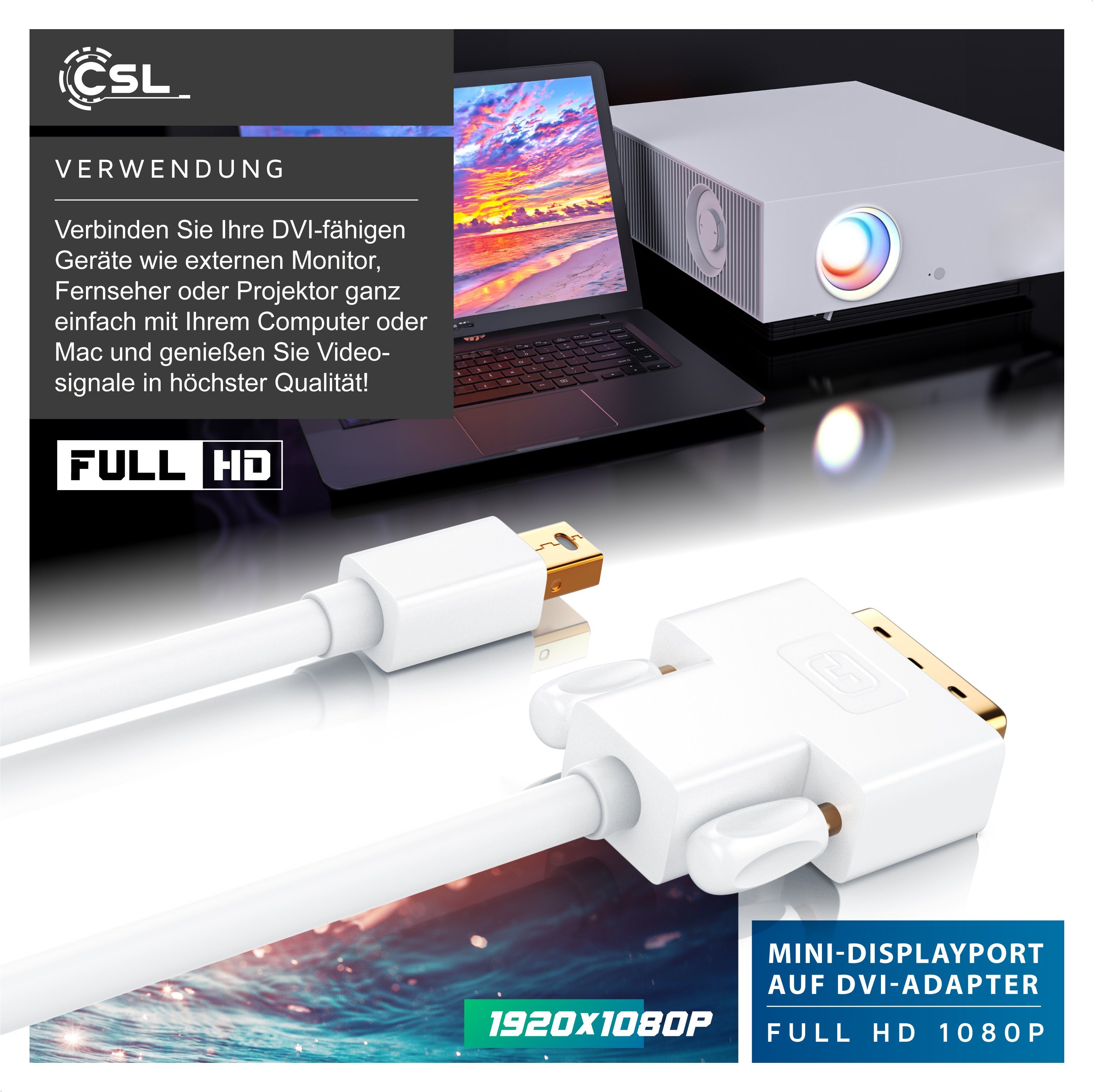 CSL Video-Kabel, Mini DisplayPort, DVI (300 cm), miniDP Monitor Adapter Kabel, für Apple, PC's & Notebooks - 3m