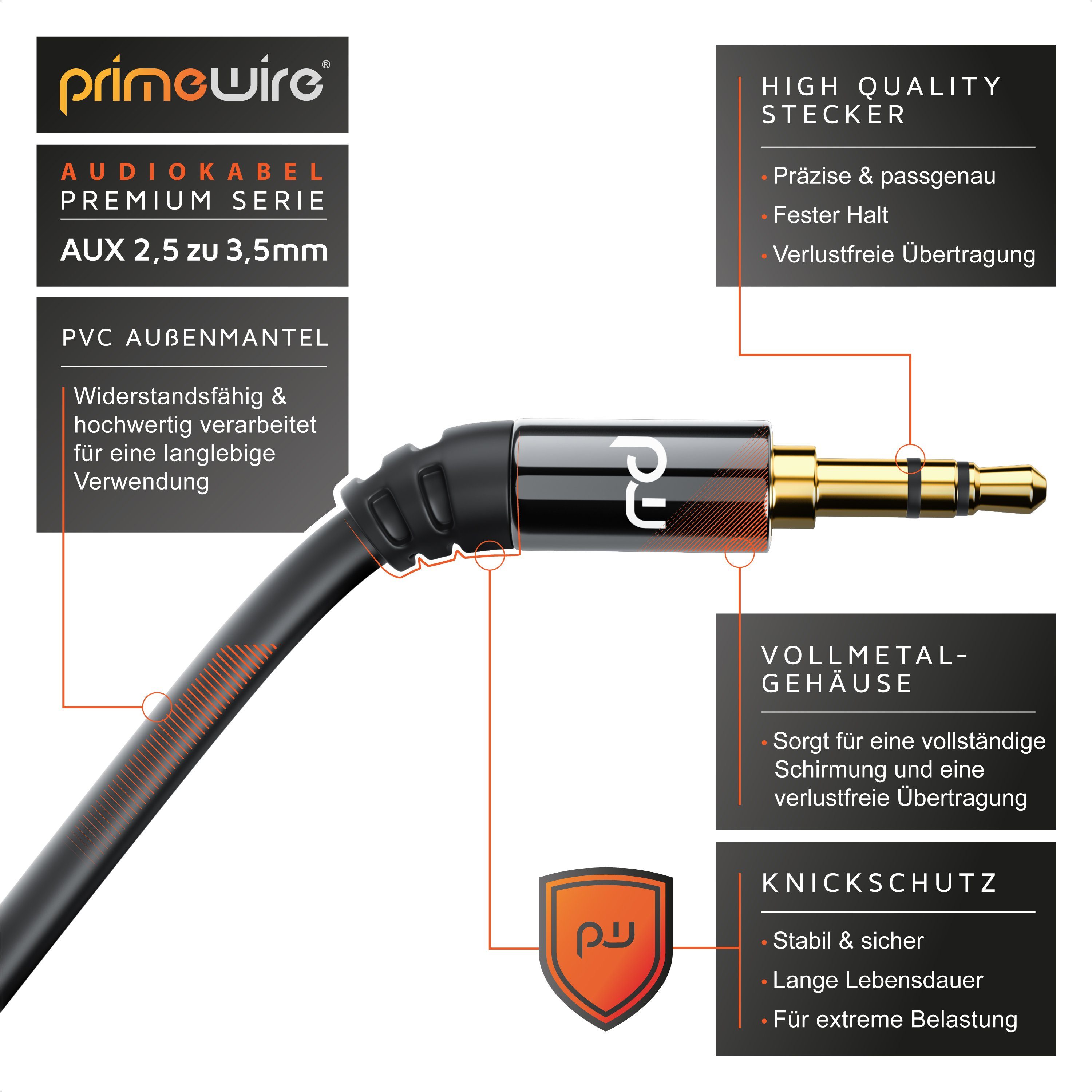 Primewire Audio-Kabel, AUX, 2,5-mm-Klinke, 3,5-mm-Klinke (150 cm), HiFi Audio Adapter Klinkenkabel / Verbindungskabel - 1,5m