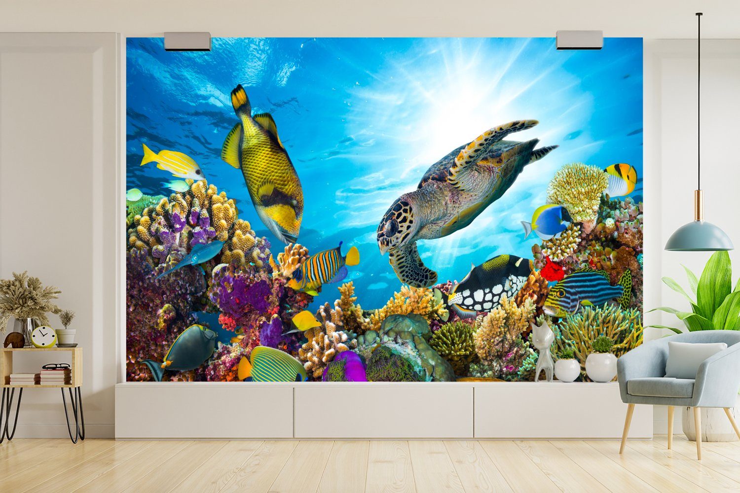 MuchoWow Fototapete Schildkröte - Meer Tapete - (6 Koralle, Matt, für Vinyl Kinderzimmer, Wohnzimmer, Schlafzimmer, Wallpaper St), bedruckt