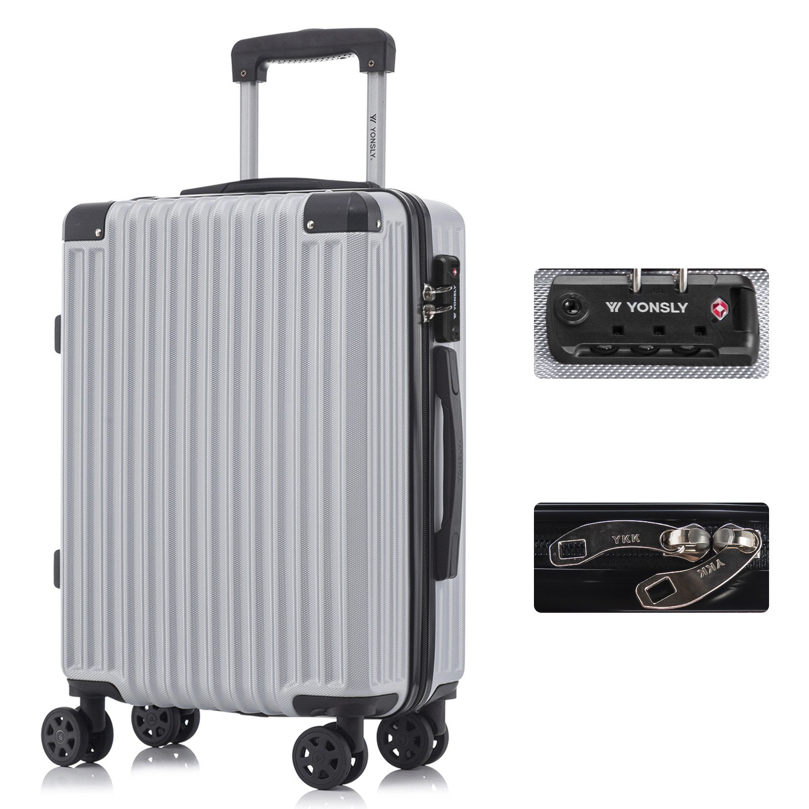 YONSLY Trolley Premium Hartschalen-Reisekoffer Trolley Handgepäck, 4 Rollen, TSA-Schloss, YKK-Reißverschluss, ABS-Hartschale, Aluminium