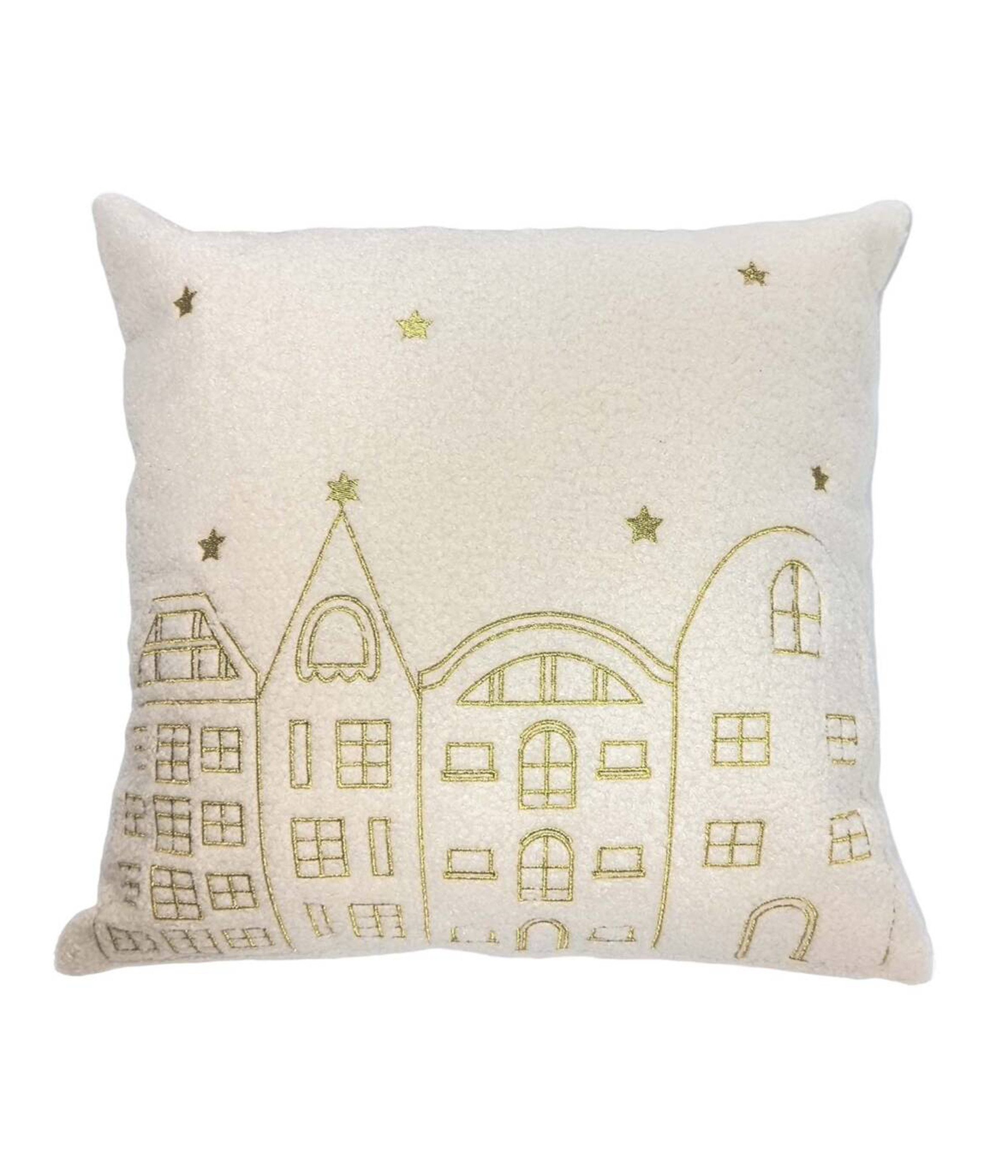 Dehner Dekokissen Weihnachtsdorf, mit Füllung, 45 x 15 x 45 cm, weiß / gold, weicher festlicher Kissenbezug, inkl. Innenkissen