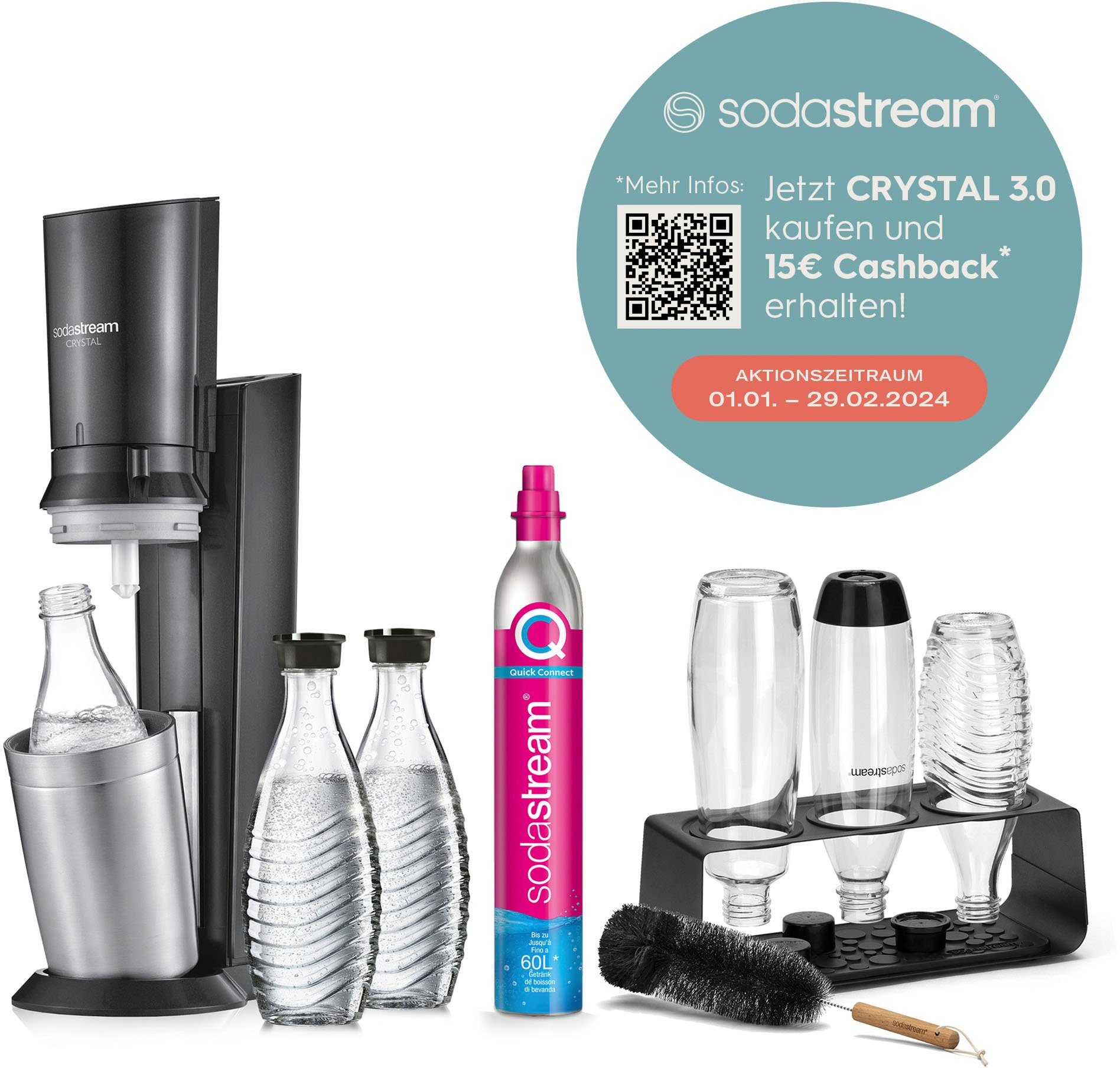 Wassersprudler Abtropfhalter, Glaskaraffen, SodaStream Wassersprudler, Mega-Bundle, CO2-Zyl., Flaschenbürste »Crystal« (7-tlg),