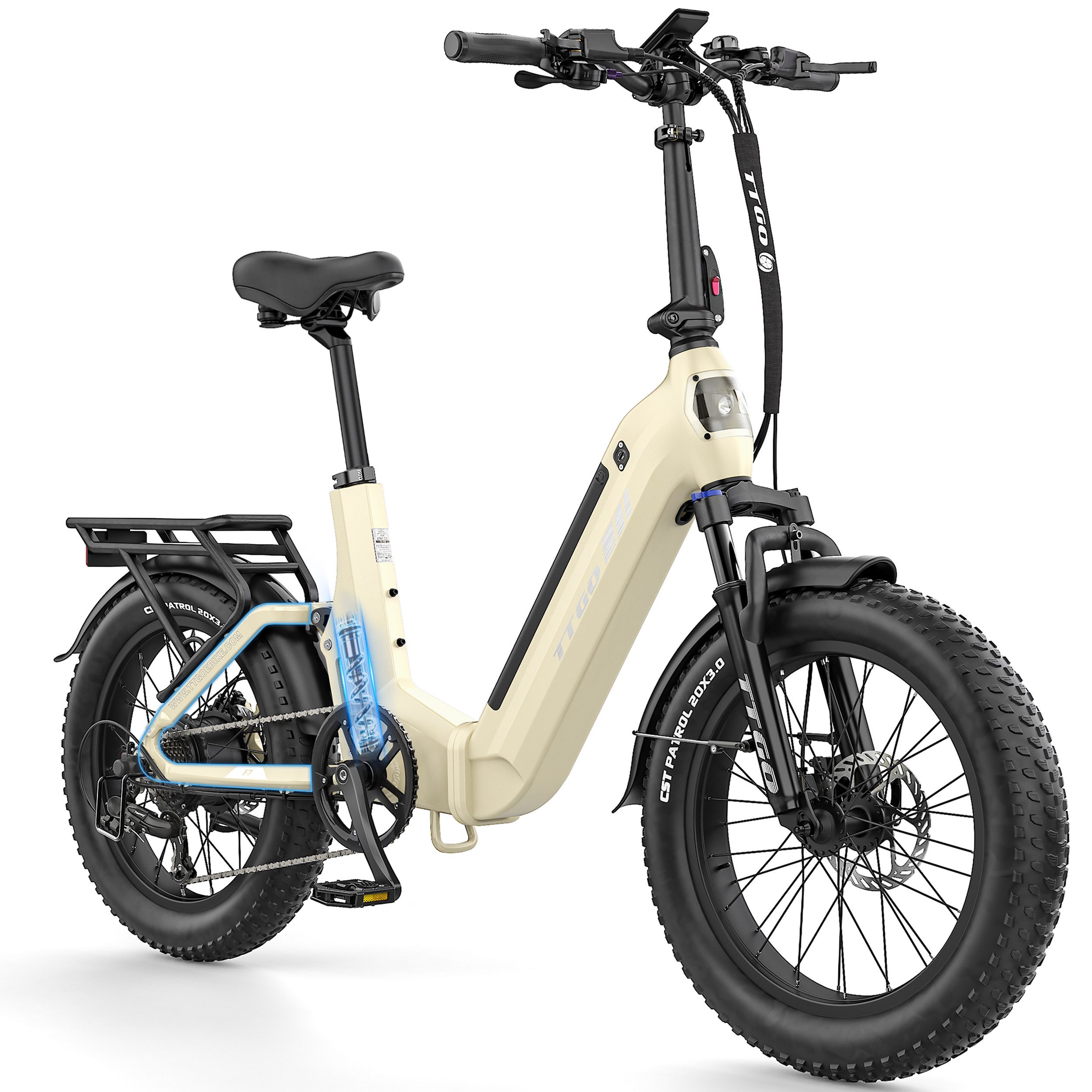 TTGO E-Bike Klapprad 20 Zoll, Fully, Vollfederung, 70Nm Hinterradmotor, 120km, max.150kg, 7 Gang SHIMANO, Kettenschaltung, Heckmotor, 720 Wh, (Softtail, hydr. Scheibenbremse, mit Bremslicht), F7, Drehmomentsensor, Lockout-Federgabel, Elektrofahrrad, Damen Herren