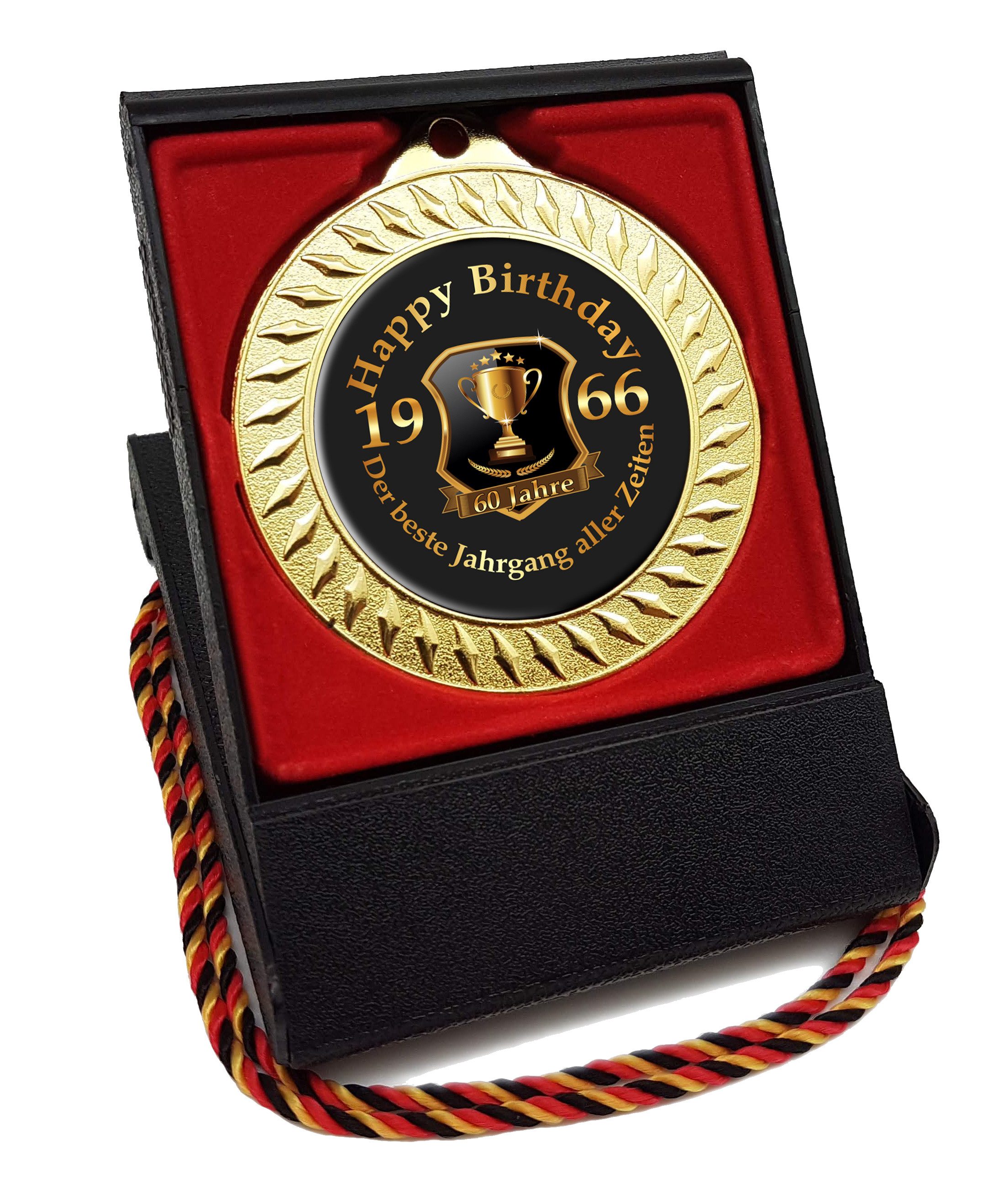 RAHMENLOS® Metallschild Medaille als Geschenk zum 60. Geburtstag - Jahrgang 1966, mit Geschenkbox und Kordel