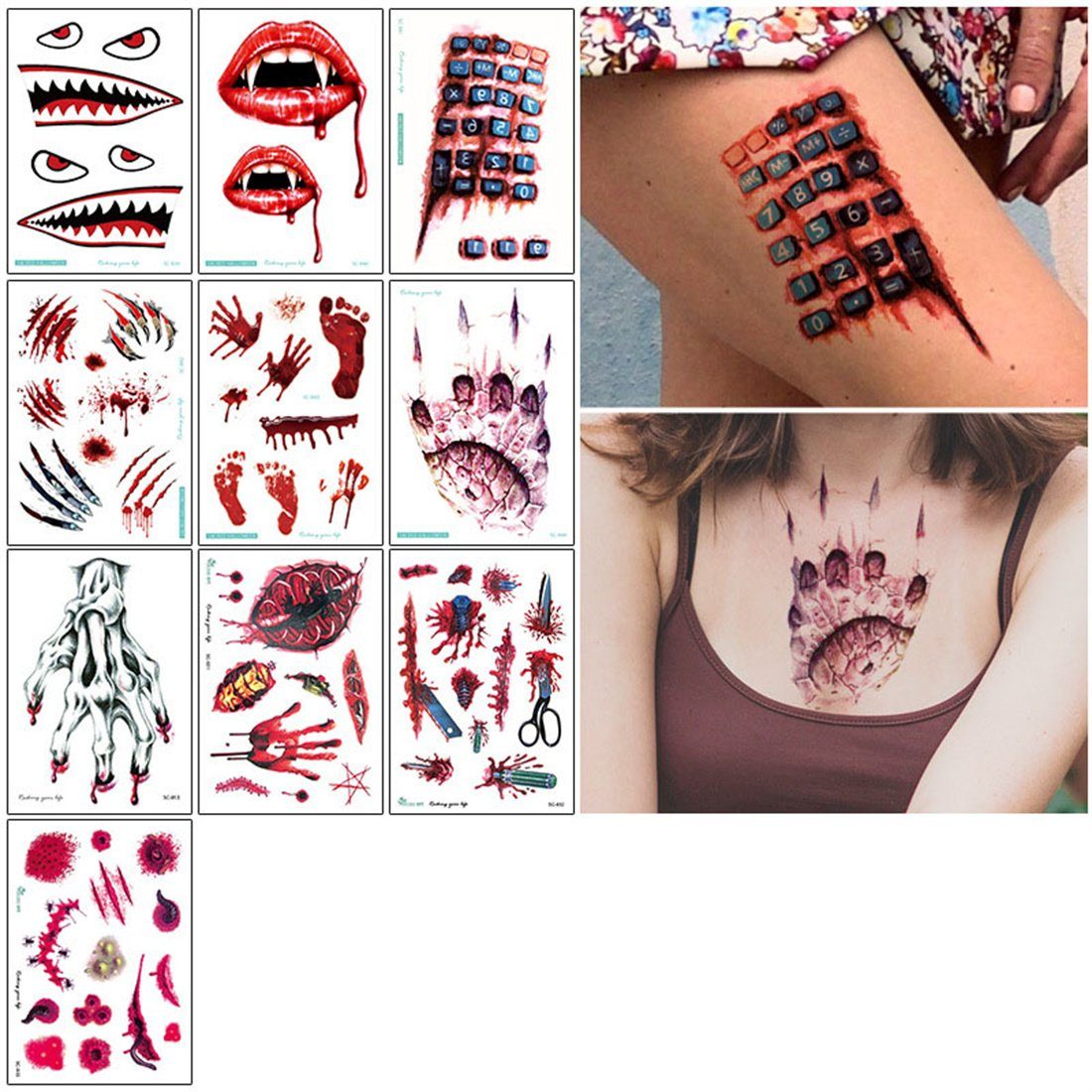 DÖRÖY Schmuck-Tattoo Halloween Narben Tattoo Aufkleber 15 Stück, Horror Tattoo Aufkleber. D( 10 Stück) | Schmuck-Tattoos