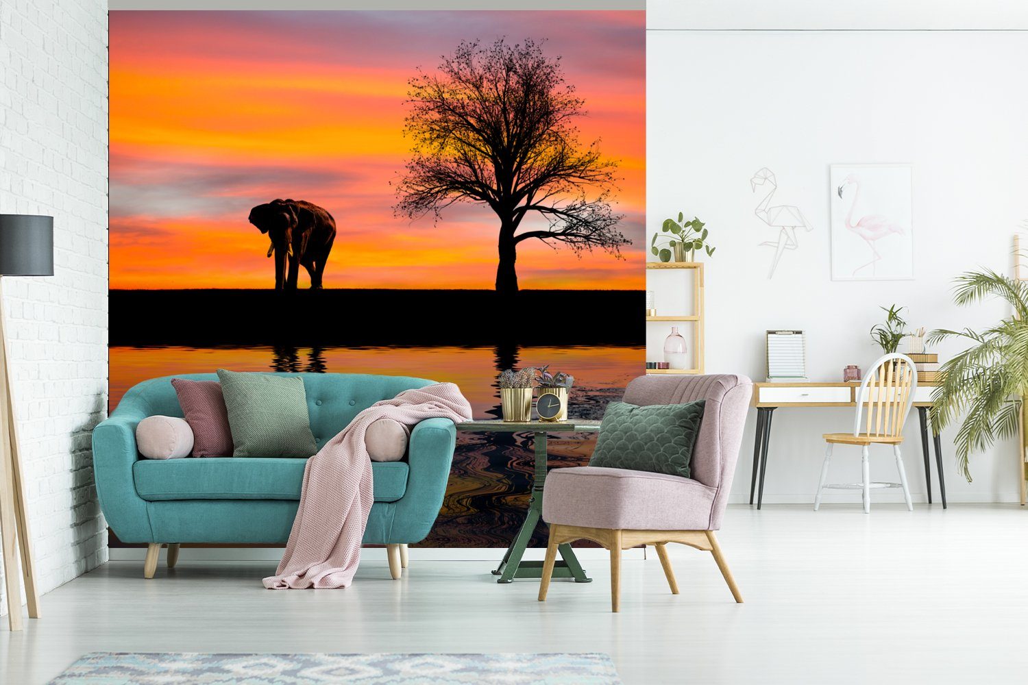 Fototapete Vliestapete Schlafzimmer Wohnzimmer und Elefant Sonnenuntergang, für bedruckt, St), MuchoWow (4 Küche, Matt, Fototapete