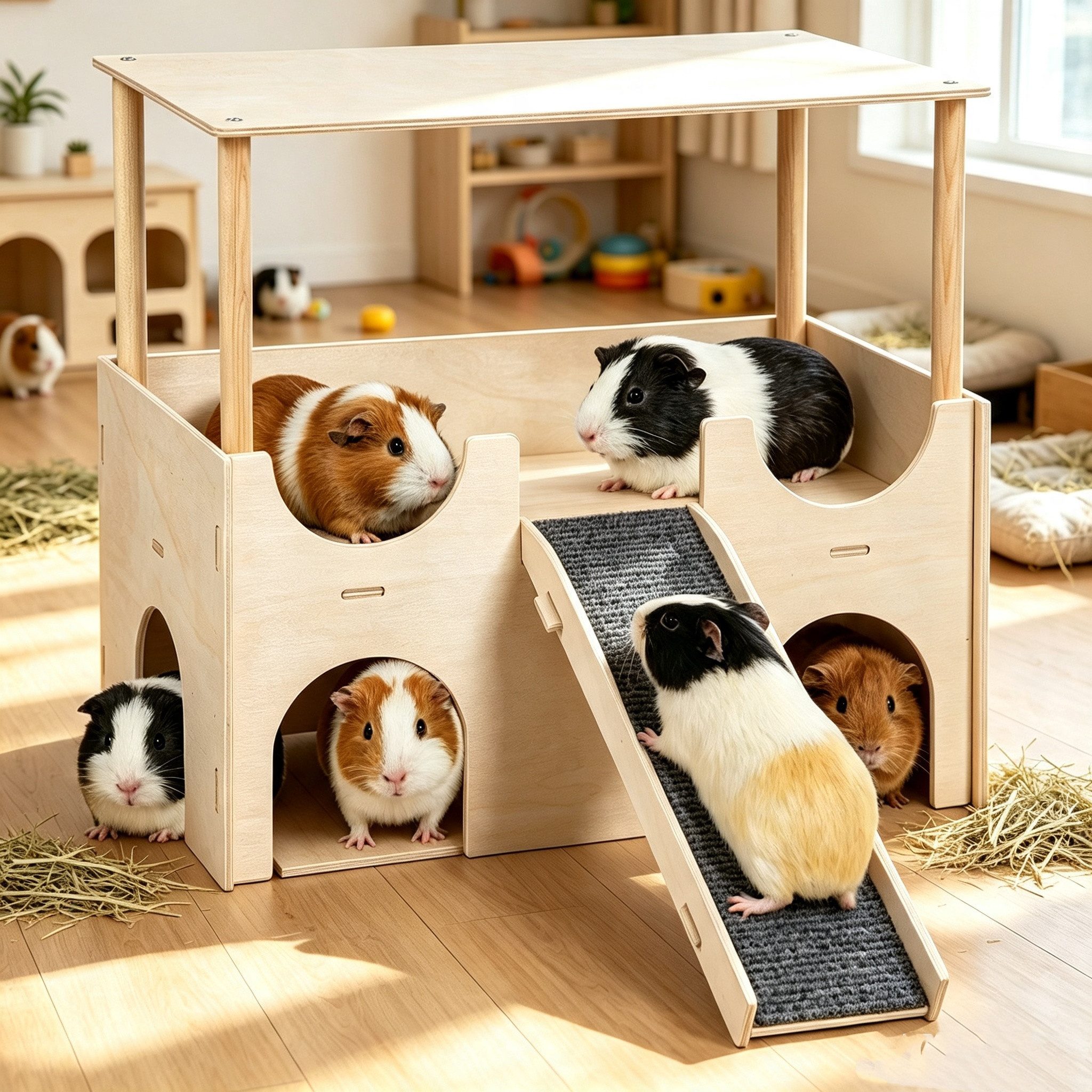 BlingBin Kleintierkäfig Meerschweinchen Versteck aus Holz Meerschweinchenburg mit Treppe, für Zwerg Hamster Rennmäuse Degus Stachelmäuse Kaninchen