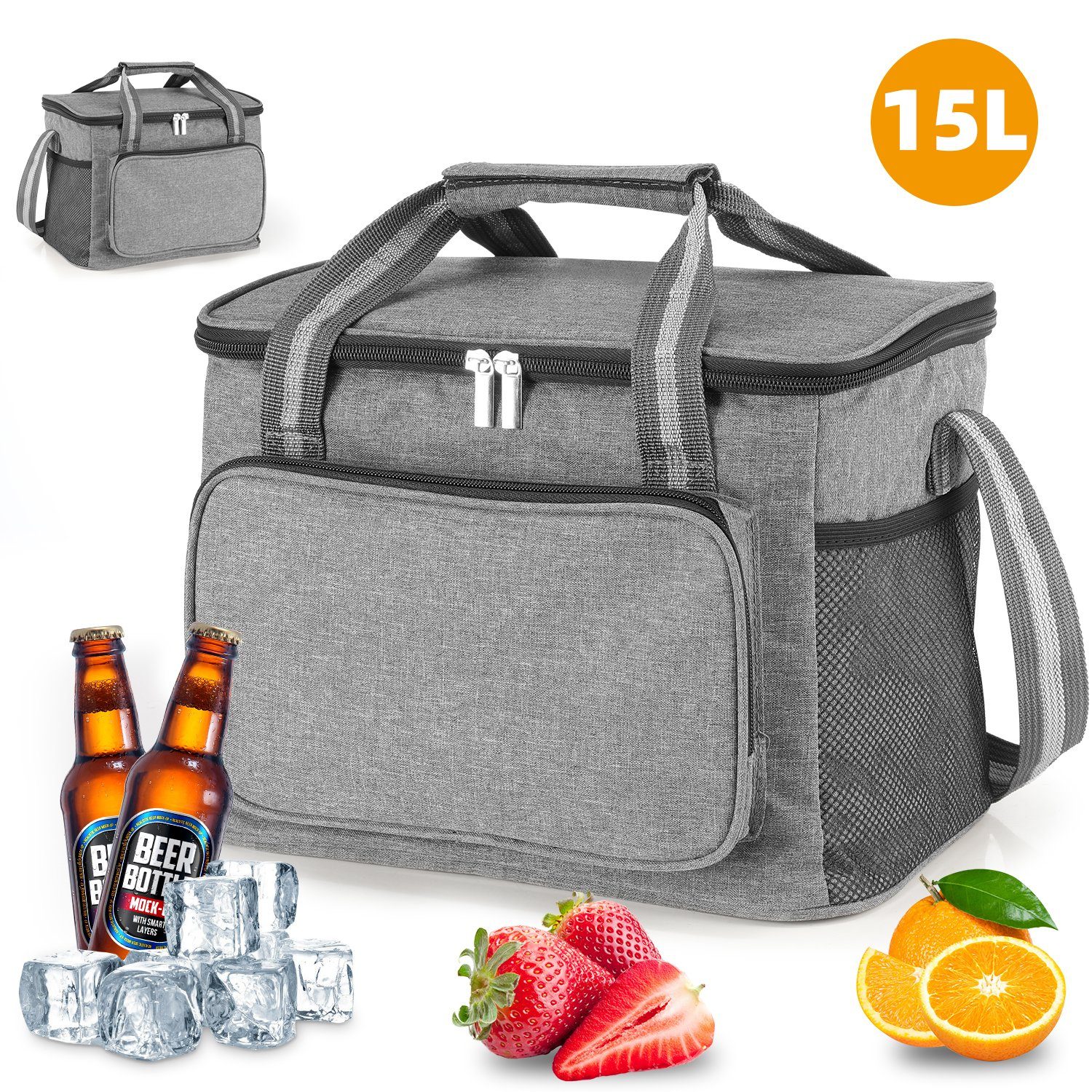 LETGOSPT Picknickkorb Lunchtasche 15L, Faltbar Kühltaschen Thermotasche für Picknick Camping, Kühltasche für Unterwegs/BBQs/Ausflügen/Einkaufen/Auto, Hellgrau