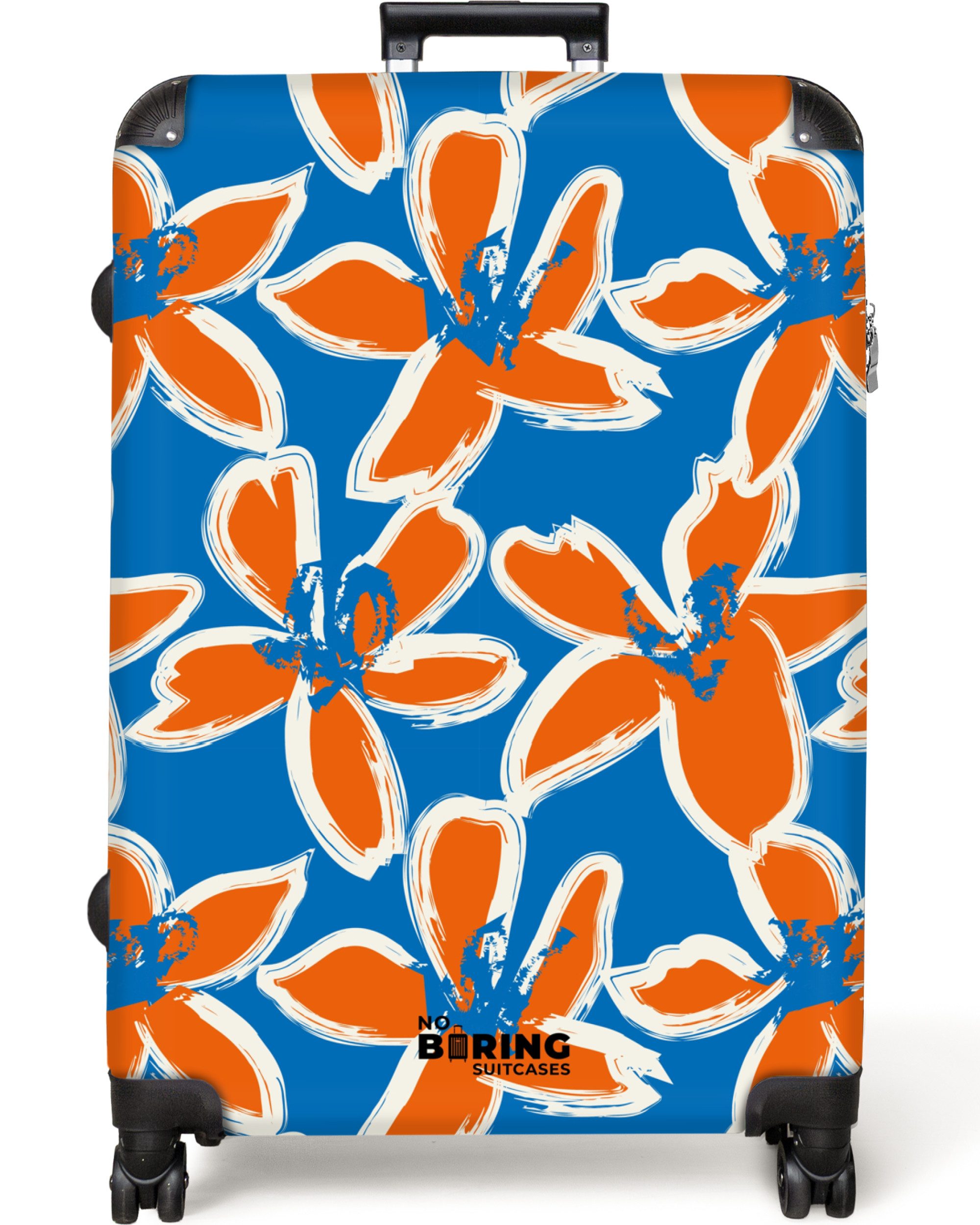 NoBoringSuitcases.com© Hartschalen-Trolley Blau mit orangefarbenen Blumen günstig online kaufen