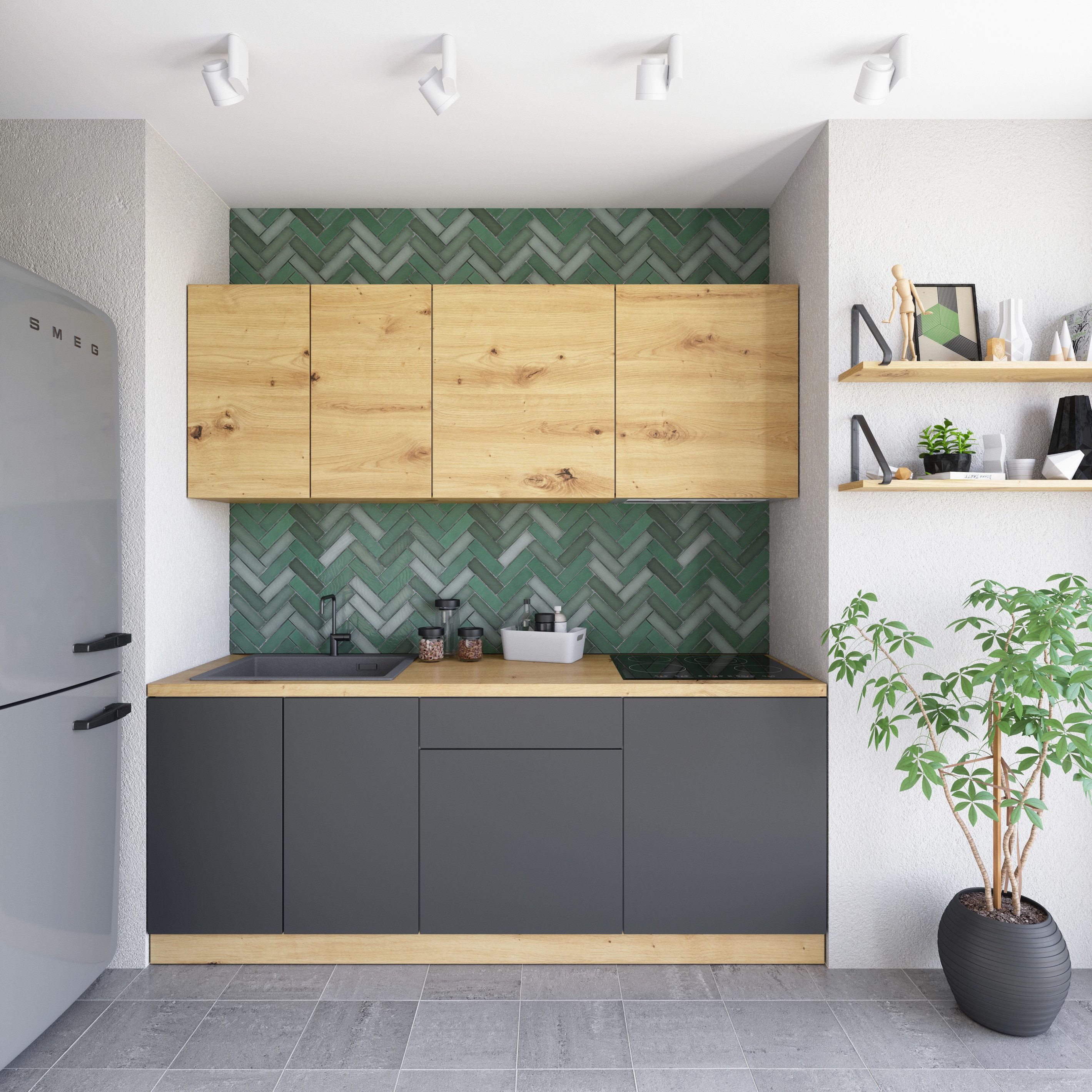 ROYAL24_MARKT Küchenzeile Nexa – Modernes griff­loses Design mit Push-to-Open System, (Komplett Set), Matt - Top Material - Hochwertig - Holzoptik.