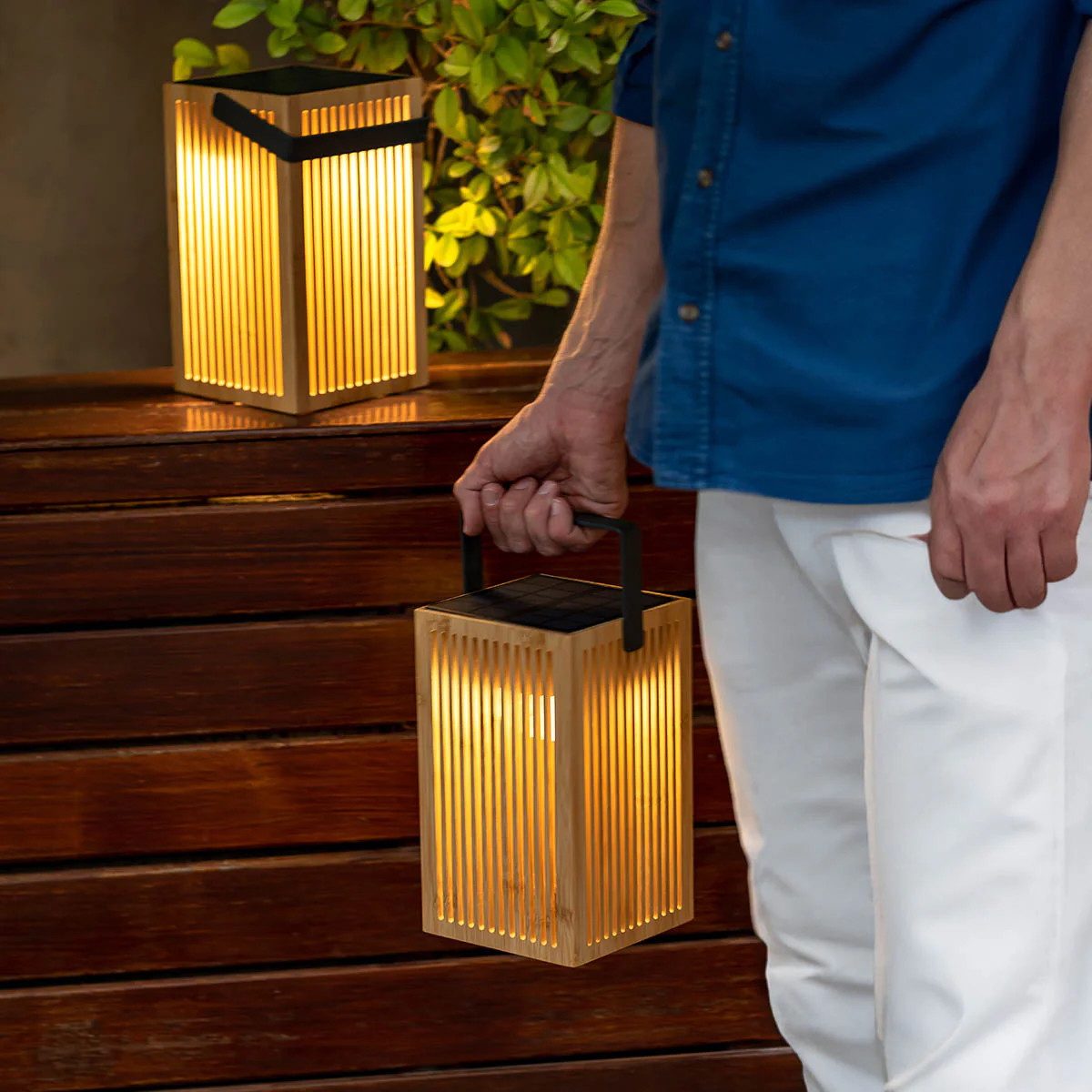 New Garden LED Laterne Okinawa Solar und Akku Bambus Braun, led, warmweiß