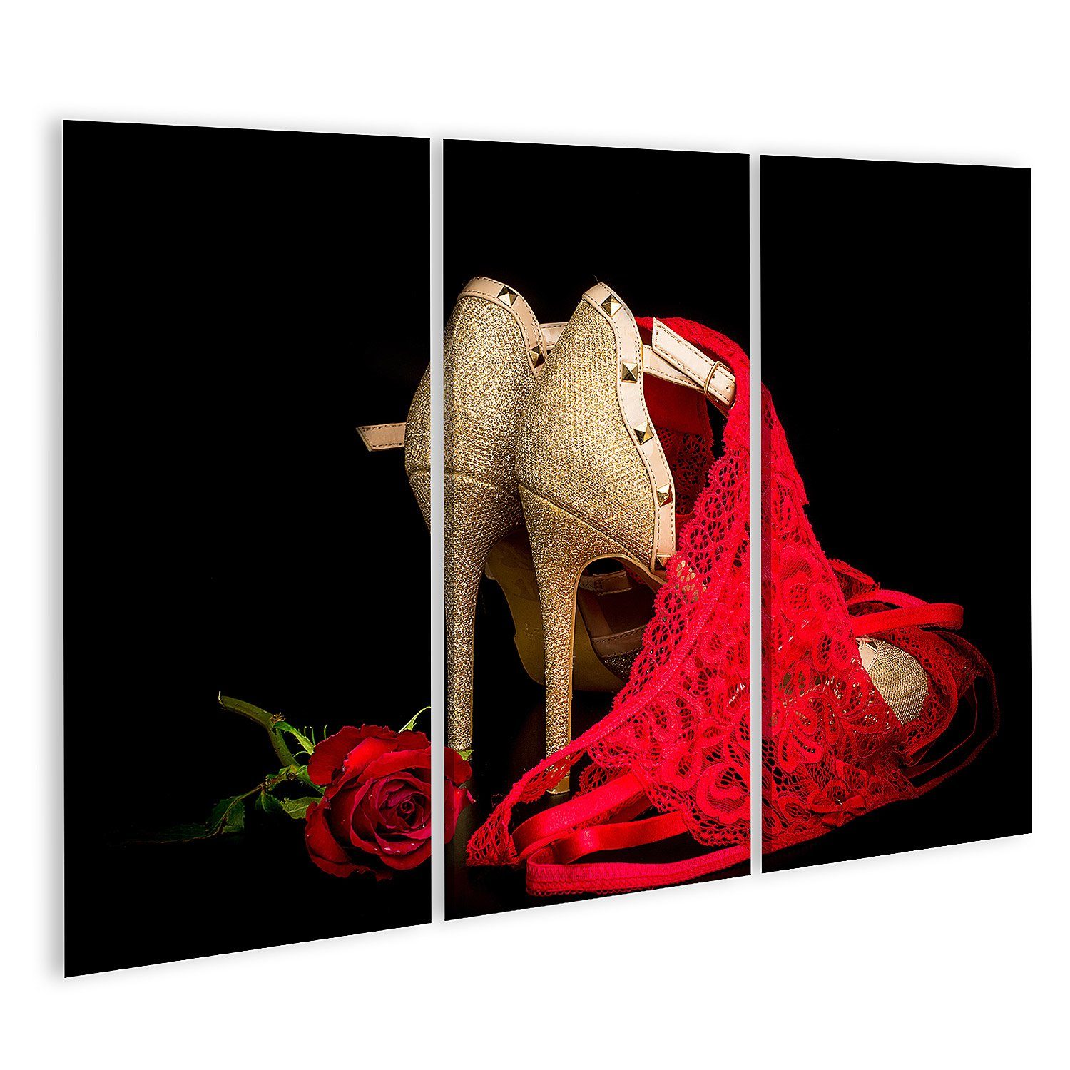 islandburner Leinwandbild Bild auf Leinwand Goldene Schuhe Schwarzer Hintergrund Rote Rose Rote
