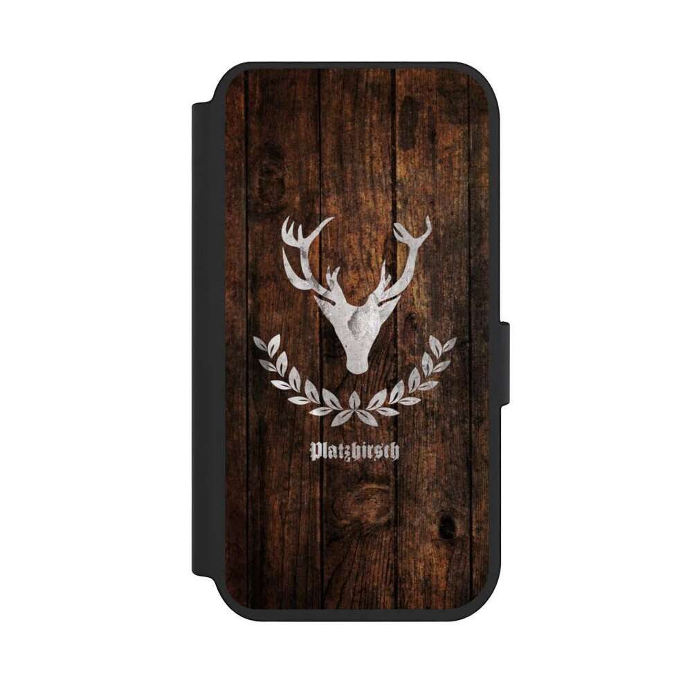 NIVOCASE Handyhülle Hirsch Holzoptik Holz Platzhirsch, Apple iPhone 14 Pro Klapphülle Handyhülle aus Kunst Leder