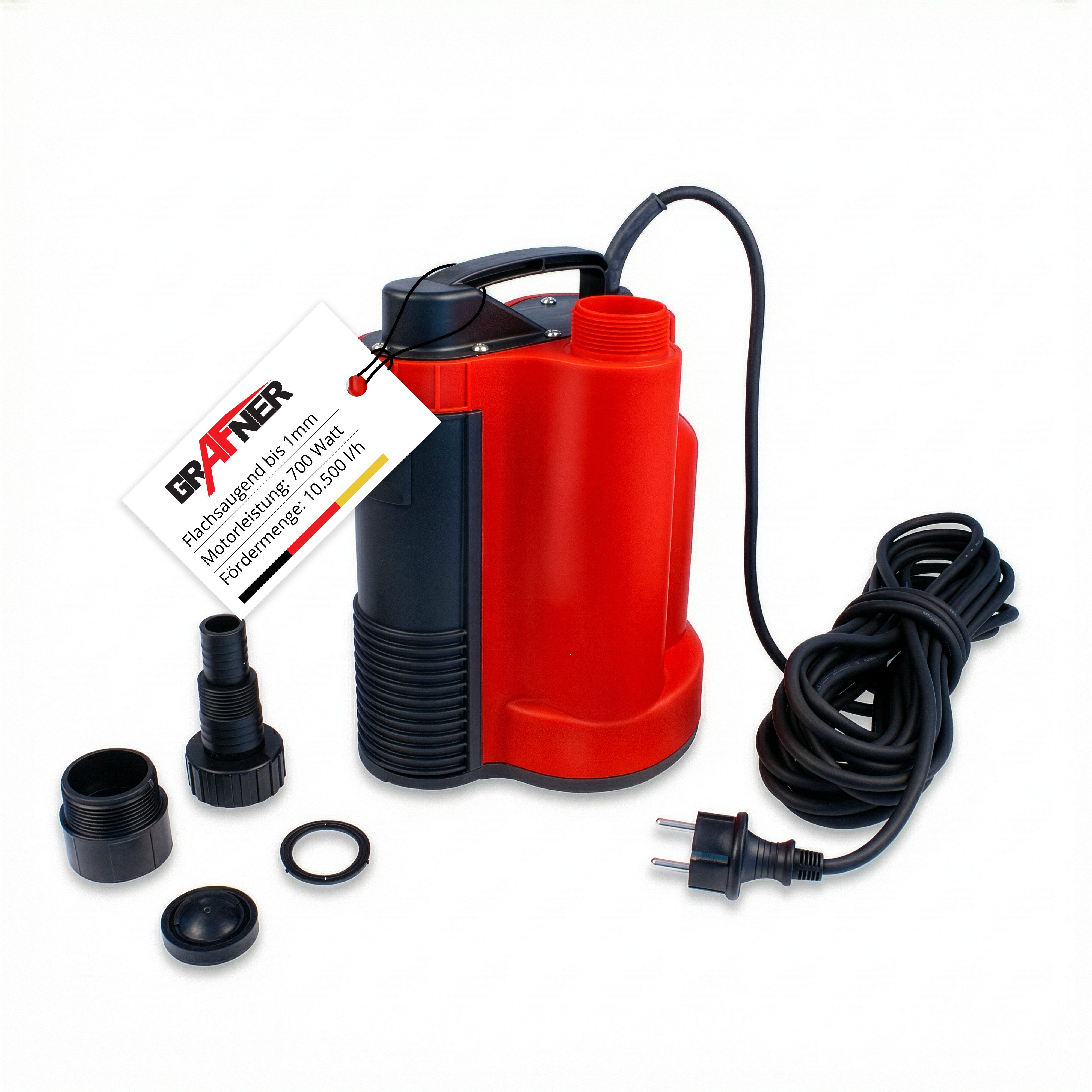 Grafner Schmutzwasser-Tauchpumpe Flachsaugerpumpe integrierter Schwimmschalter Automatik 750W 10500L/h, flachsaugend, integrierter Schwimmschalter, Rückschlagventil