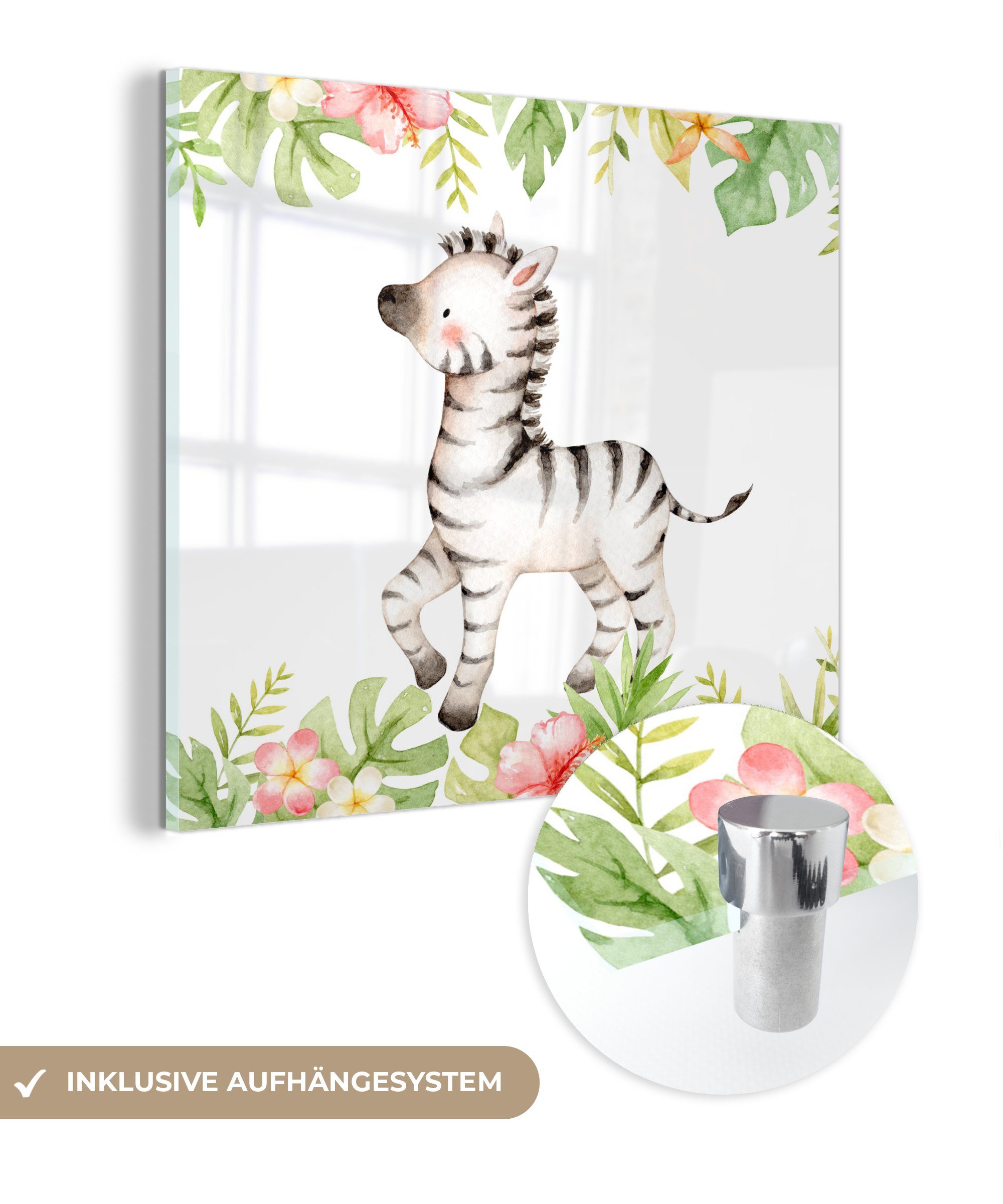 MuchoWow Acrylglasbild Zebra - Aquarellfarbe - Dschungel, (1 St), Glasbilder - Bilder auf Glas Wandbild - Foto auf Glas - Wanddekoration