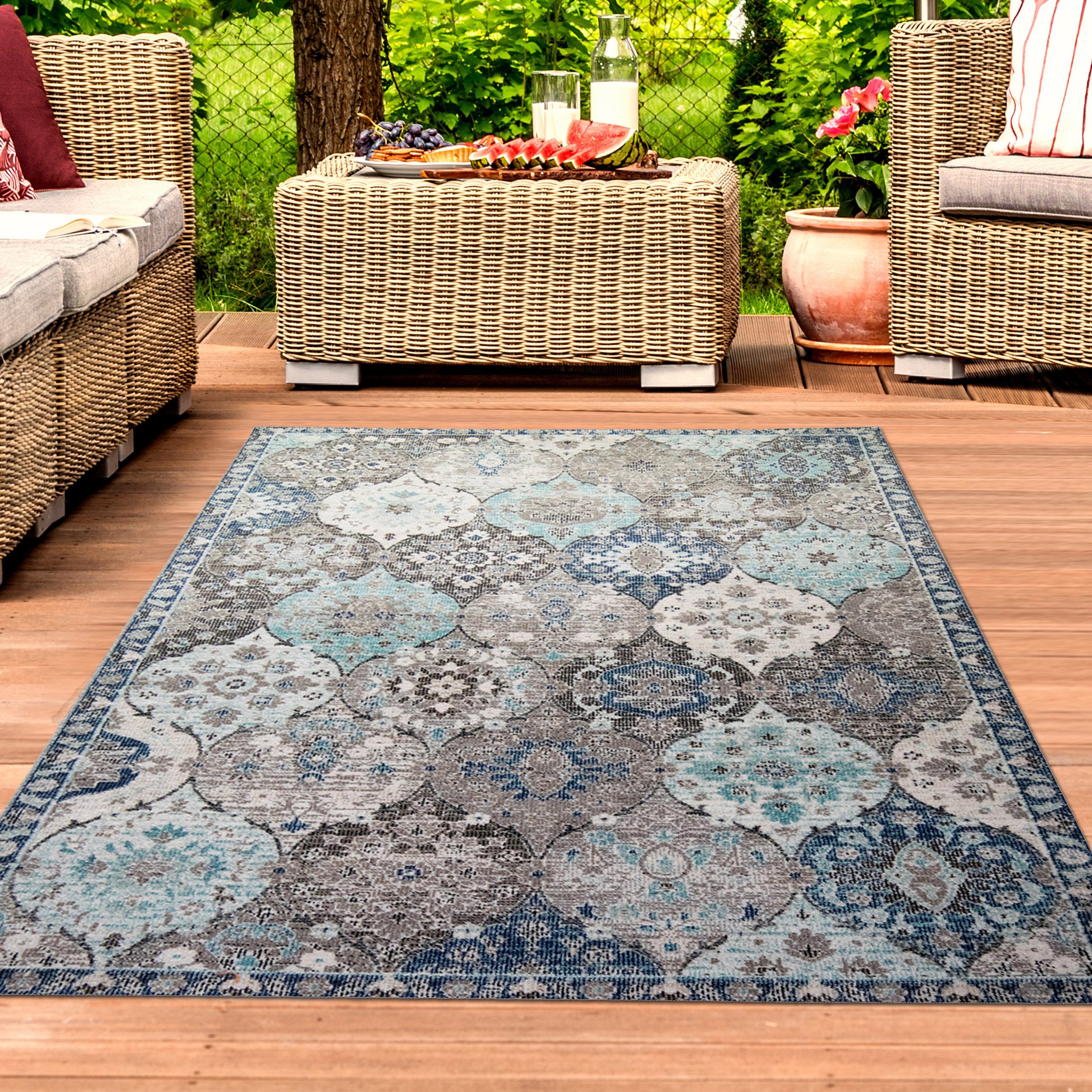 TeppichHome24 Teppich Orientteppich Outdoor Ornamente in grau blau, rechtec günstig online kaufen