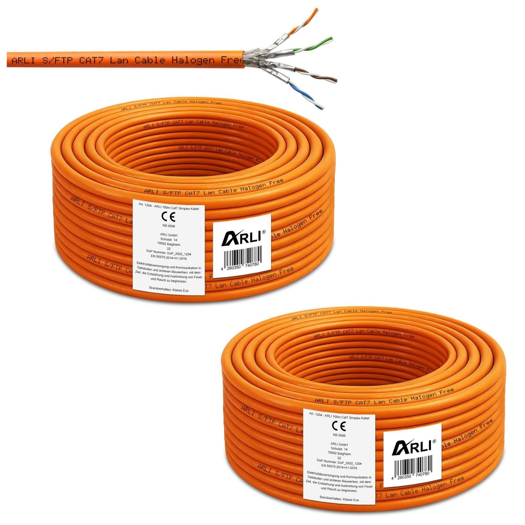 ARLI Cat7 200 m Монтажный кабель Cat 7 Kabel (2 x 100 m) Installationskabel, Netzwerkkabel (2000 cm), Metermarkierung