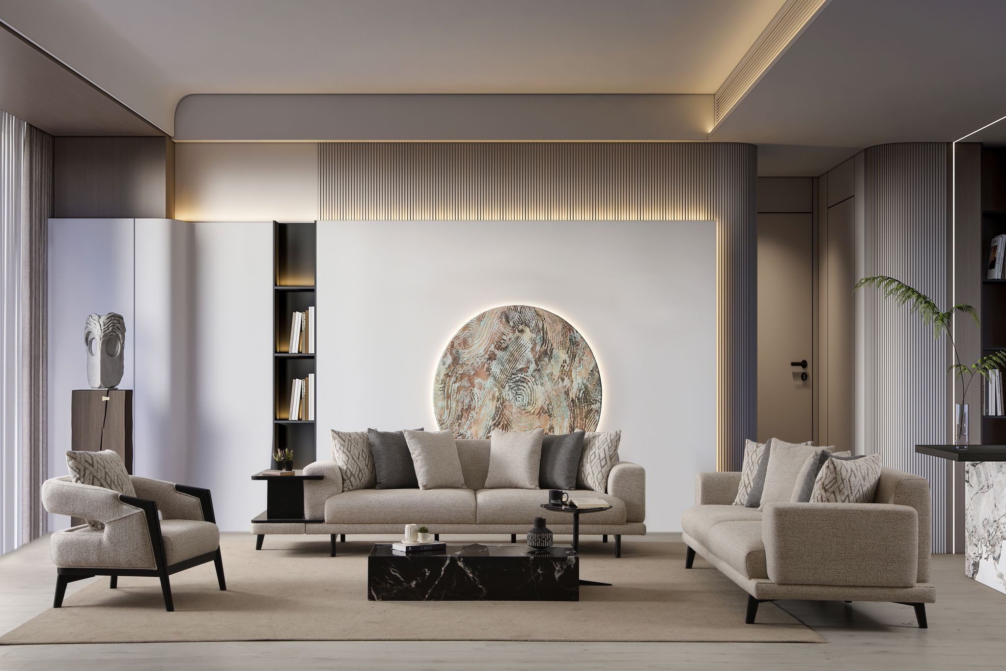 Xlmoebel 3-Sitzer XLMOEBEL Sofa Set aus Holz und Textil in Beige, 2 Teile, Made in Europa