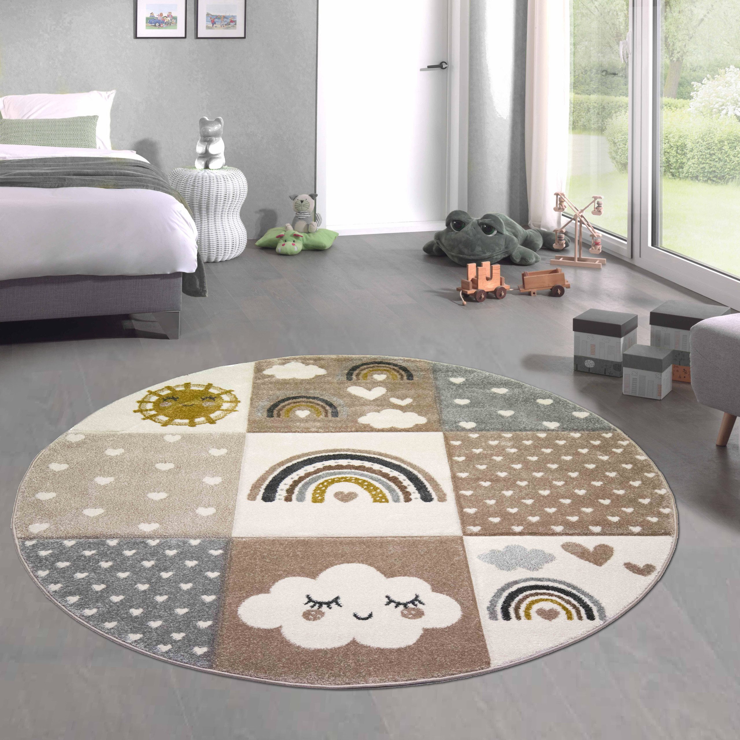Carpetia Kinderteppich Kinderzimmer Teppich Herzchen Wolken Regenbogen grau beige braun, rund, Höhe: 13 mm