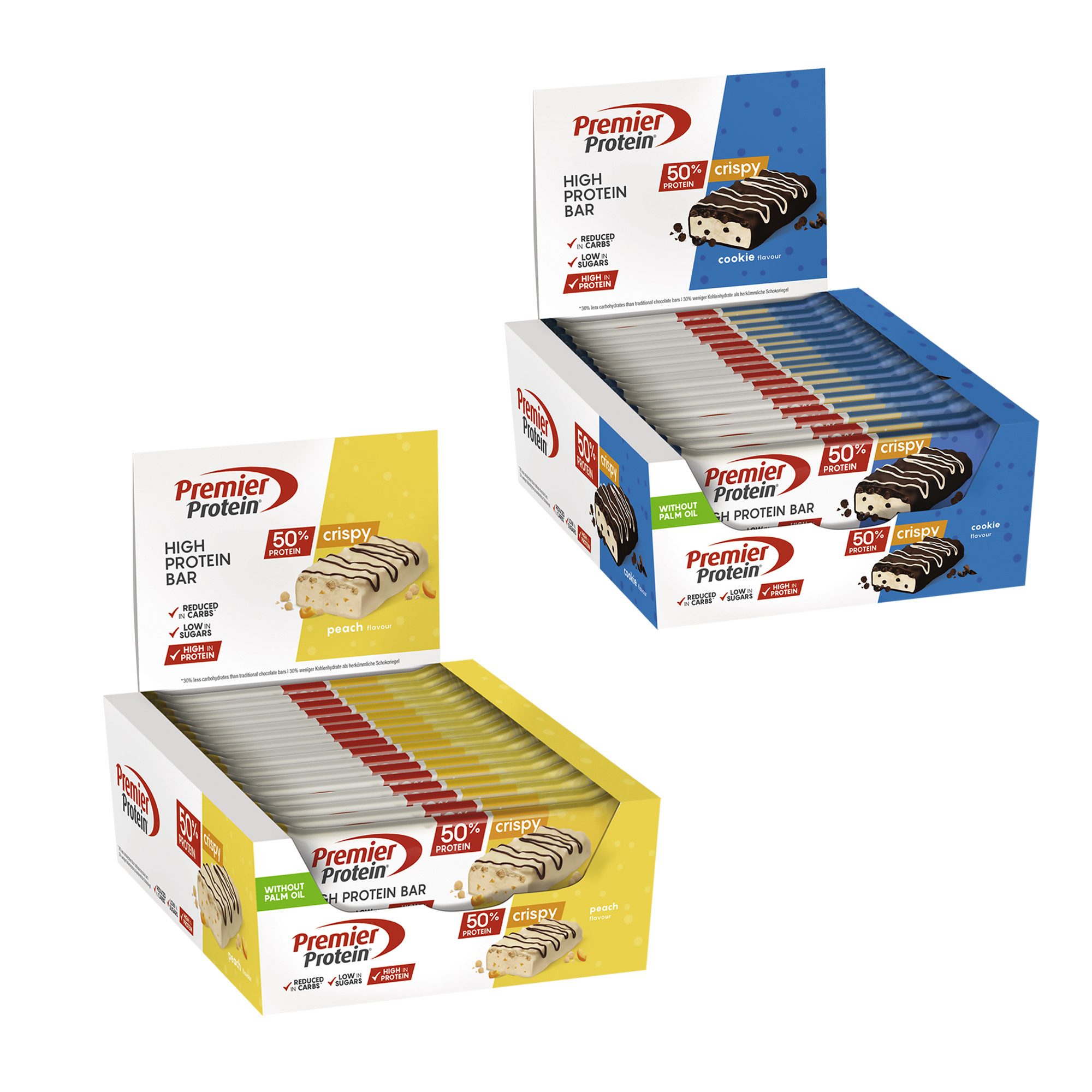 Premier Protein 32x40g High Protein Riegel Crispy Peach + Crispy Cookie Riegel, 32 er 32 St., 1280 g, ohne Palmöl