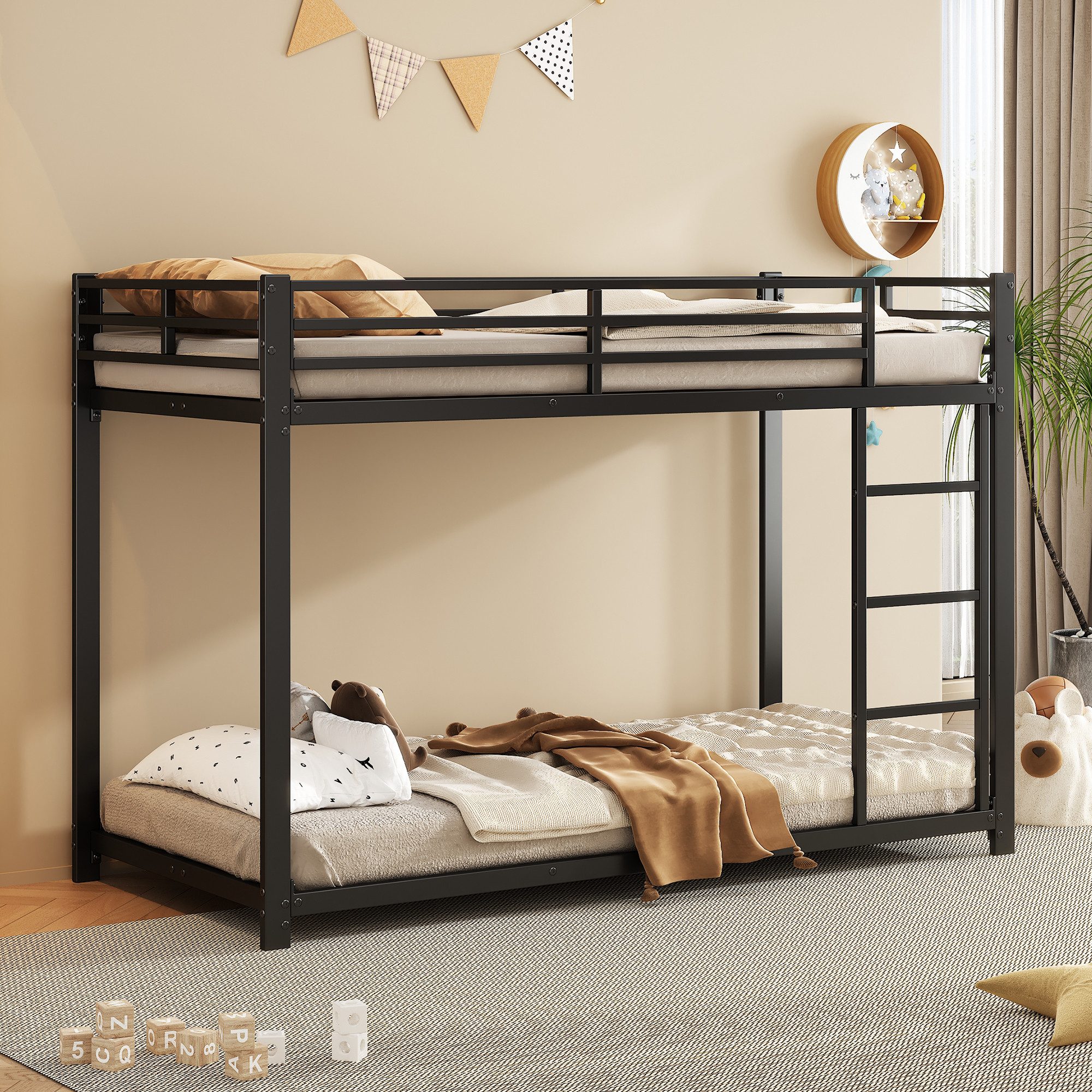 Flieks Etagenbett, Kinderbett Metallbett Einzelbett mit Lattenrost und Leiter 90x200cm