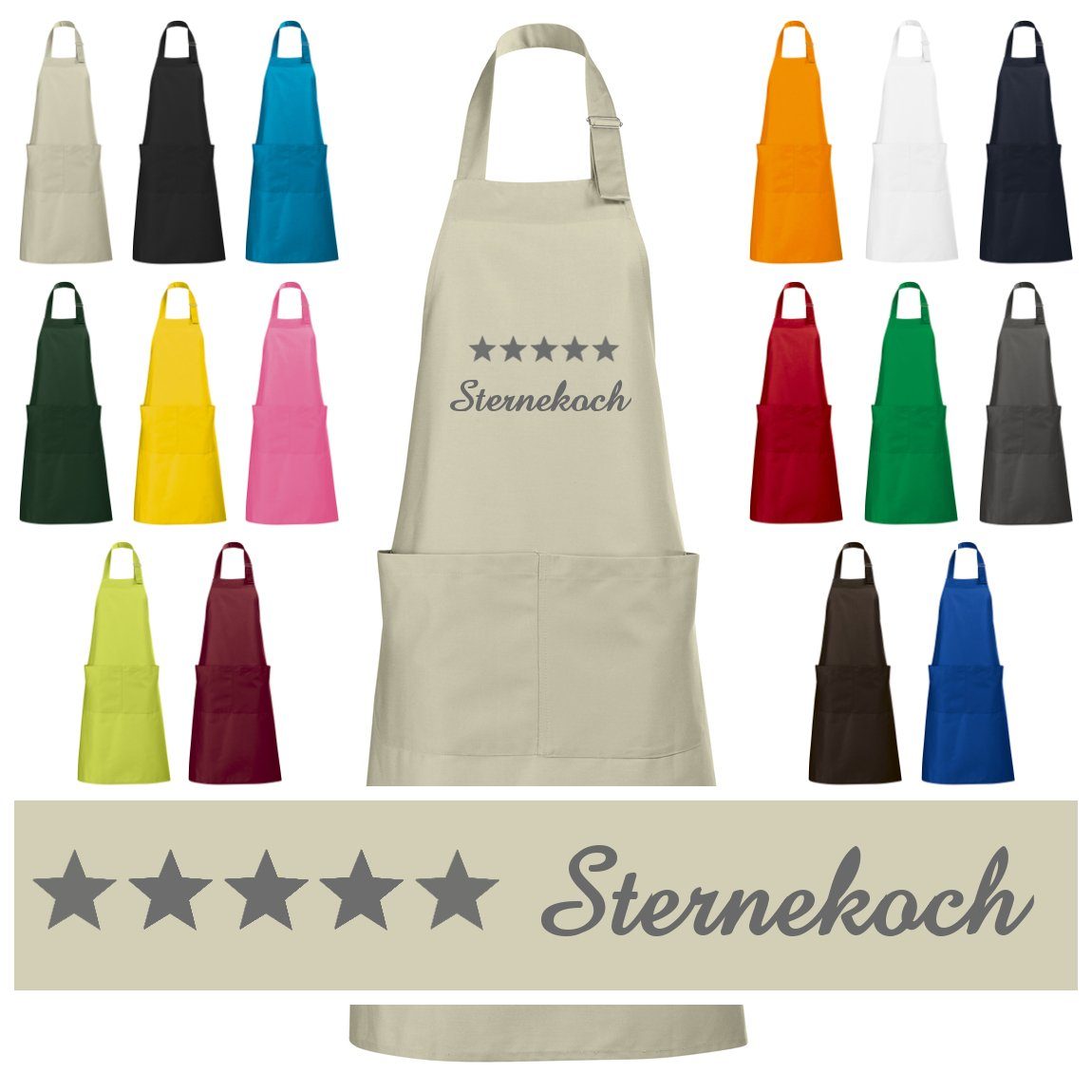 Schnoschi Kochschürze Hochwertige Küchenschürze mit fünf Sternekoch bestickt, Stickerei mit fünf Sternekoch