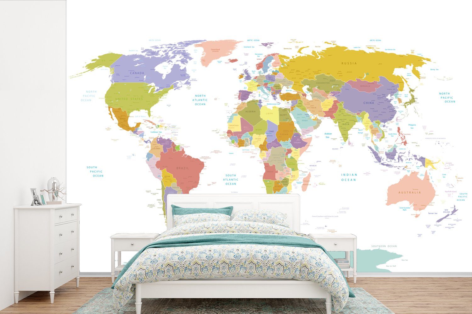 MuchoWow Fototapete Weltkarte - Topographie Tapete - bedruckt, Mädchen, Wohnzimmer, für Vinyl - St), - Farben Kinderzimmer, Matt, - Junge Kind Schlafzimmer, (6 Wallpaper