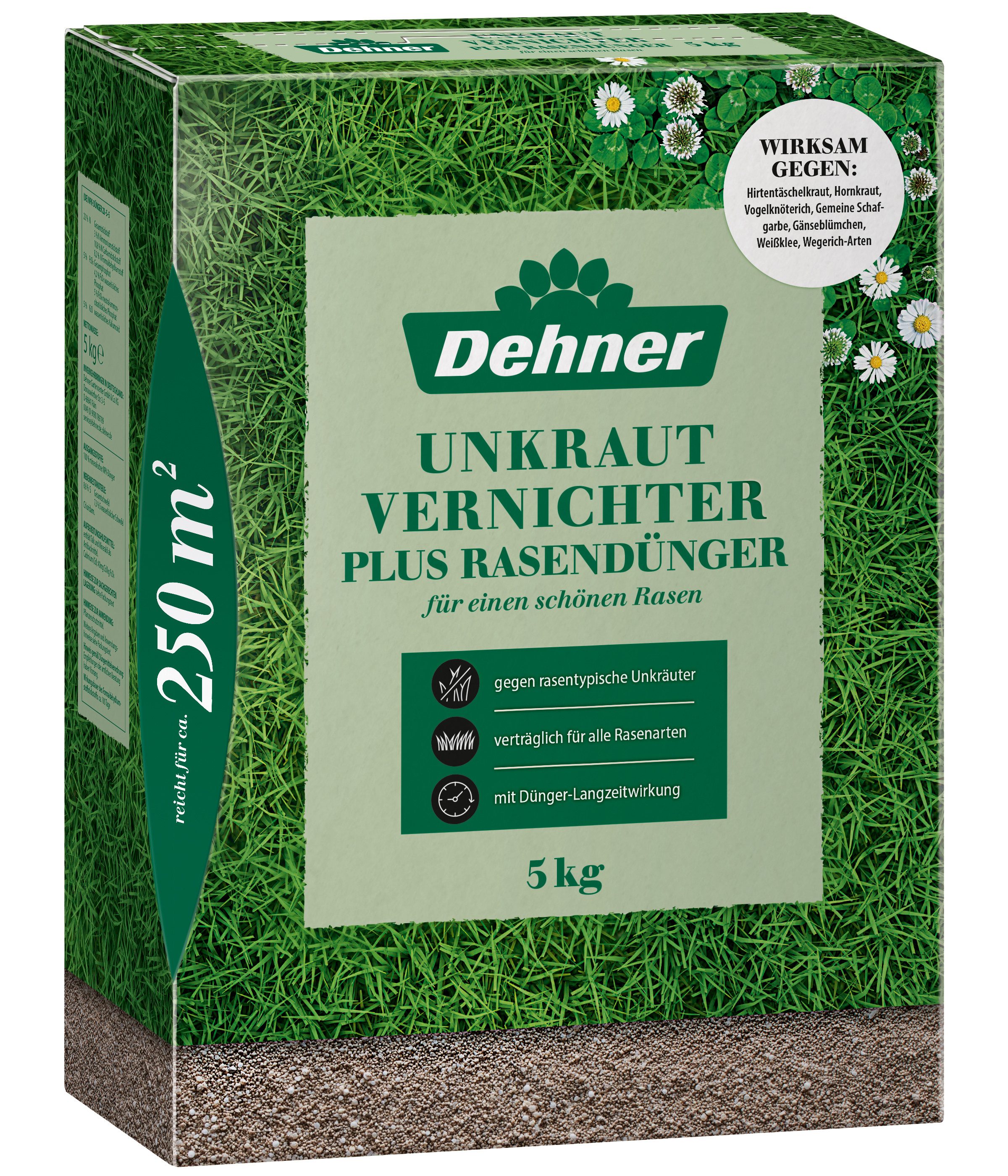 Dehner Rasendünger Unkrautvernichter plus Rasendünger, 5kg oder 8kg, 250 m², Langzeitwirkung bis zu 3 Monate