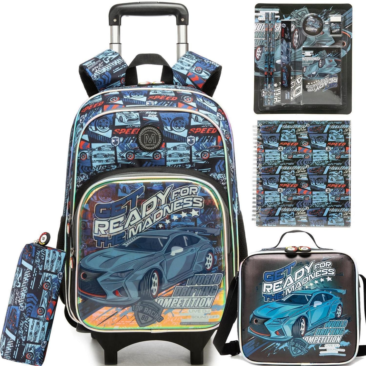 LuxusKollektion Schulranzen Schulrucksack Trolley Jungen 5-tlg Rennauto blau (5-tlg)