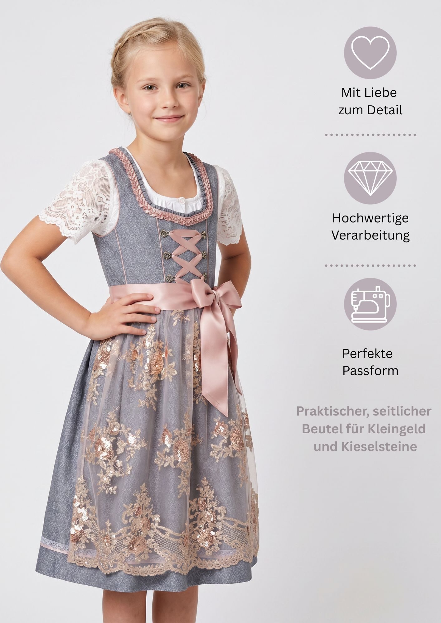 Nübler Dirndl Kinderdirndl Gerhild in Rauchblau von Nübler - Rocklänge knielang