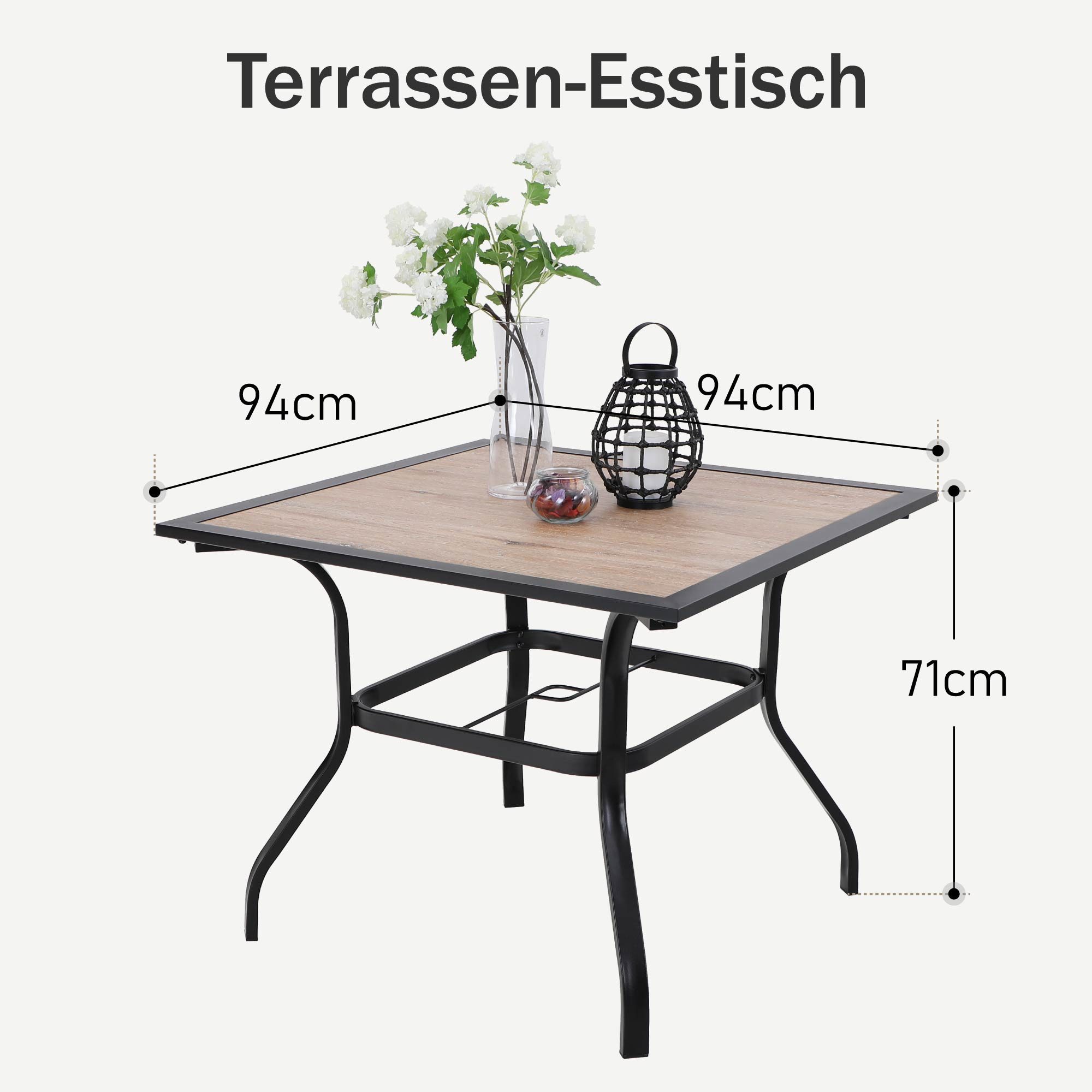 PHI VILLA Gartentisch (E-Beschichtung Metall 94×94×71cm, Holzähnlicher Quadratische Braun), Wetterfest Outdoor Garten Tisch Terrassentisch Balkontisch