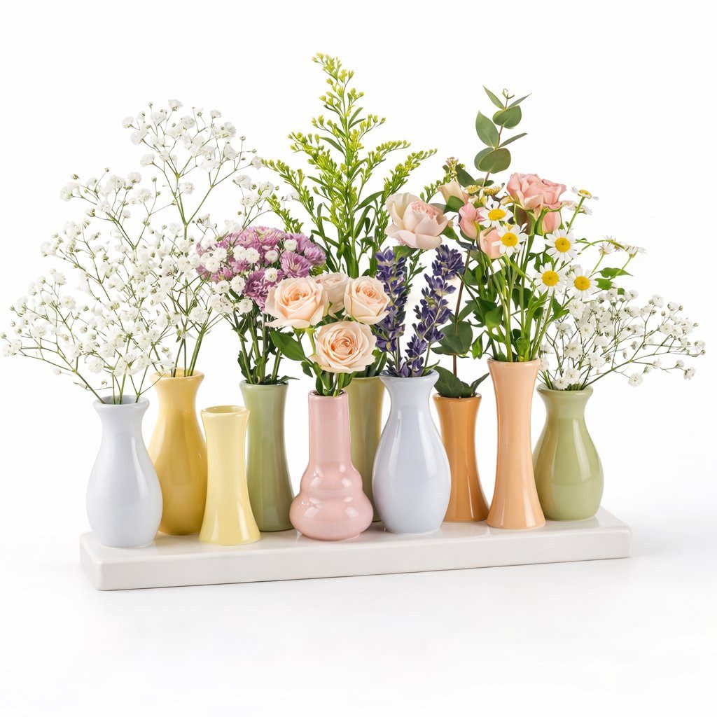 WestCraft Dekovase Handgefertigte kleine Keramik Deko Blumenvasen Set aus 10 Vasen bunt (1 St), & weiß, dekorative Keramikvasen auf festem Sockel, hübsche Mini Vase