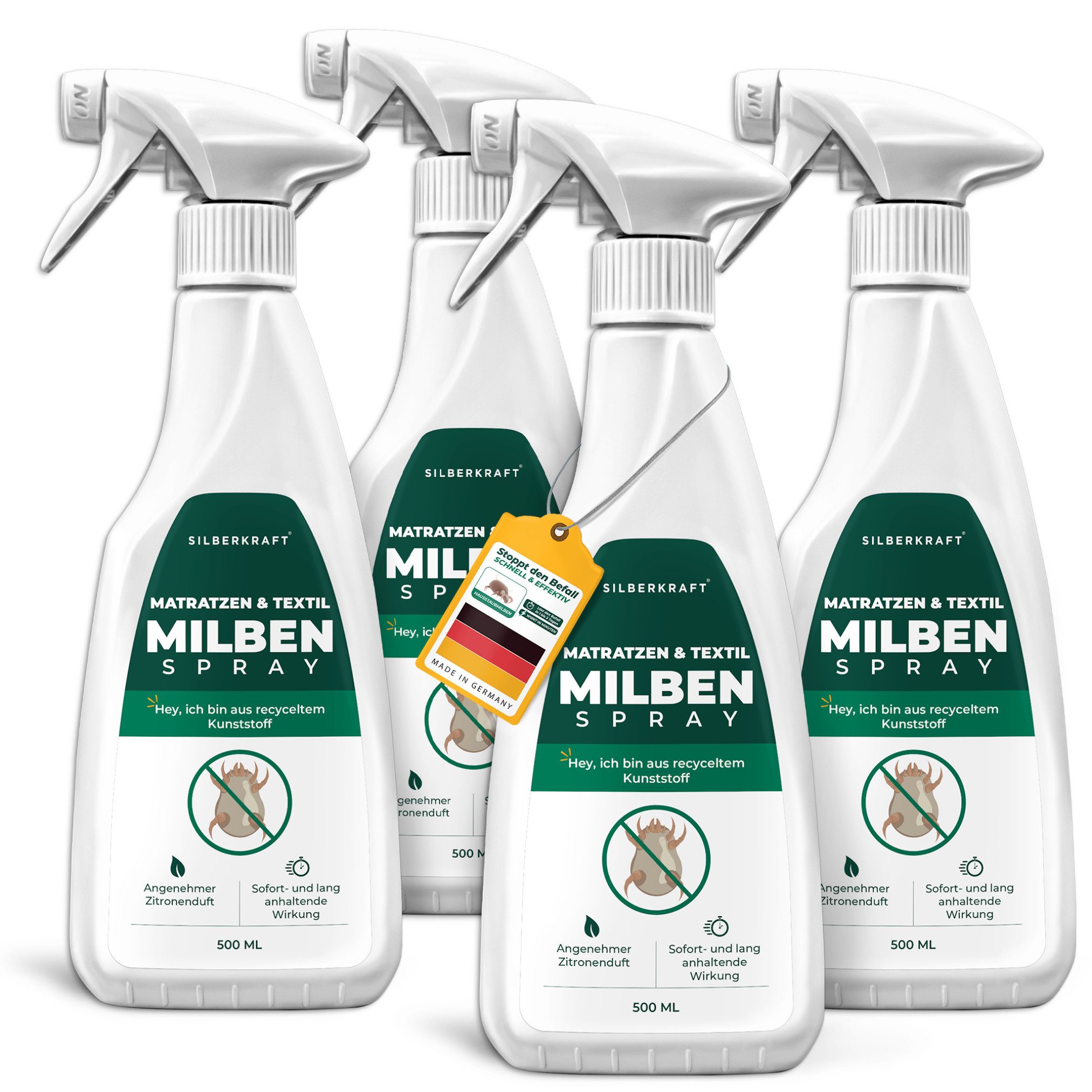 Silberkraft Insektenspray Silberkraft Milbenspray für Matratzen & Textilien, 500 ml, 4-St., Milbenbekämpfung, für Bettwäsche, Matratzen, Kissen, Bett, Bettbezug