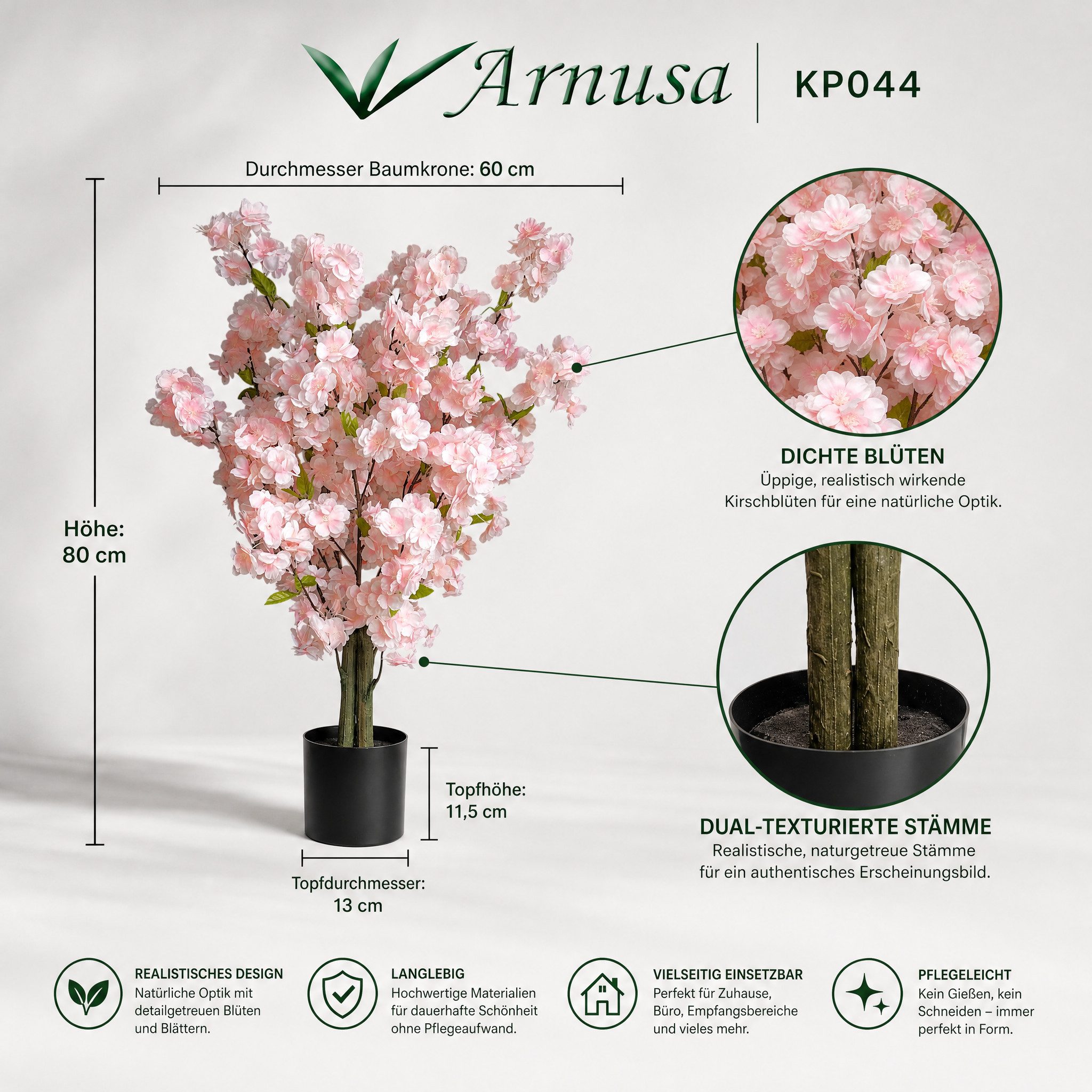 Kunstpflanze künstliche Kirschblüte Kunstbaum Zimmerpflanze Deko Kirschblütenbaum, Arnusa, Höhe 80 cm, fertig im Topf in Rosa oder Weiß