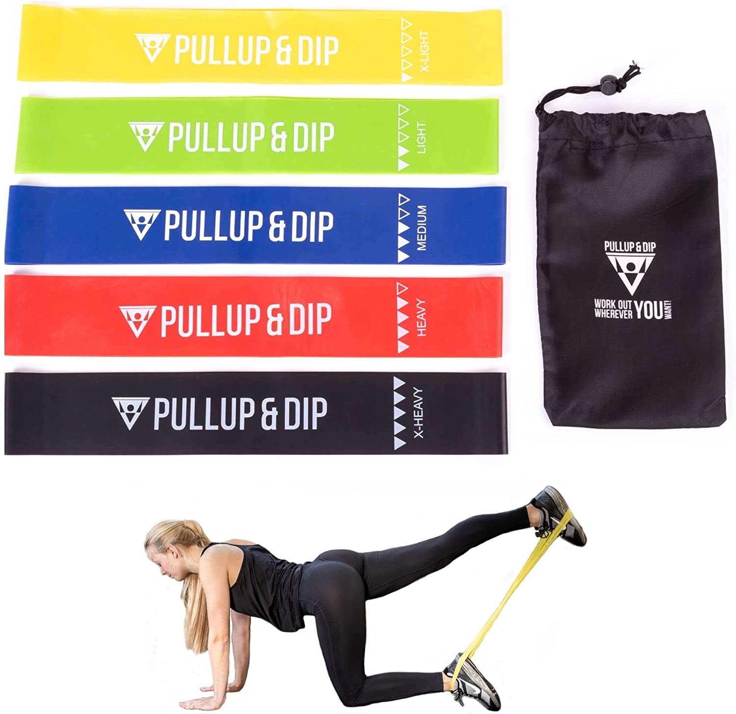 Pullup & Dip Trainingsbänder Loop Bänder, Fitnessbänder 5er Set + Tragetasche, hautfreundliches Naturlatex | Fitnessbänder