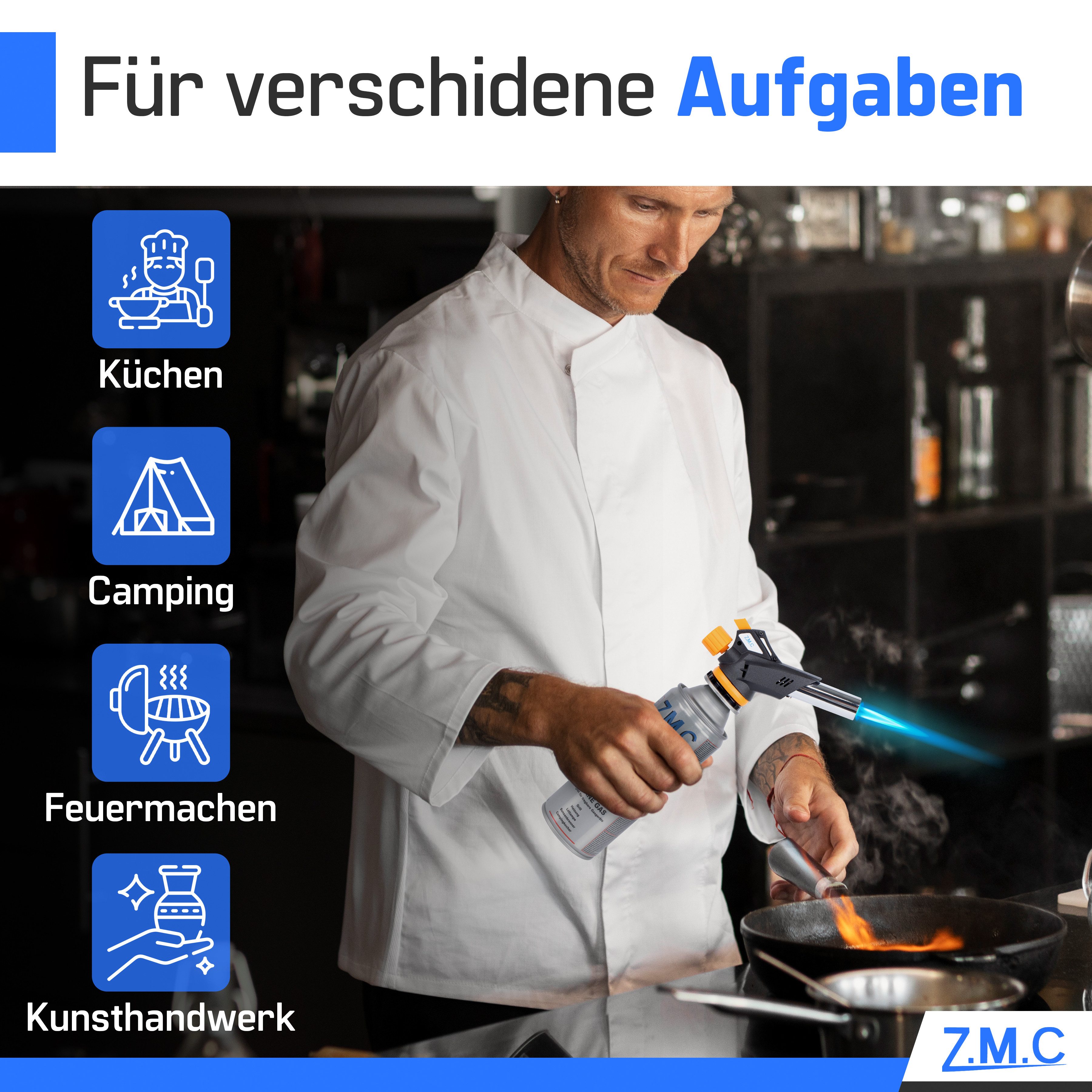 ZMC Flambierbrenner Bunsenbrenner Grillanzünder Lötlampe mit 4x Gaskartuschen 227g MSF-1a, (Temperatur von bis zu 1300 ° C, Einstellbare Flamme, Piezo-Zündung, Kohleanzünder Flambierbrenner Butangasbrenner Butangas Gaskartusche), Brenneraufsatz Gasbrenner Flambiergerät Lötbrenner Gasanzünder