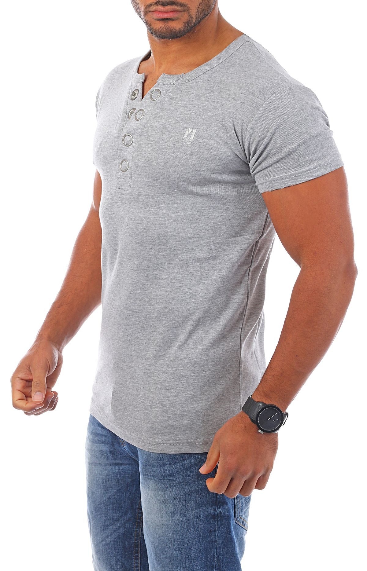 Young & Rich T-Shirt Herren basic fein gerippt mit trendigen extra großen Knöpfen 1872 mit Knopfleiste unifarben kurzarm slim fit