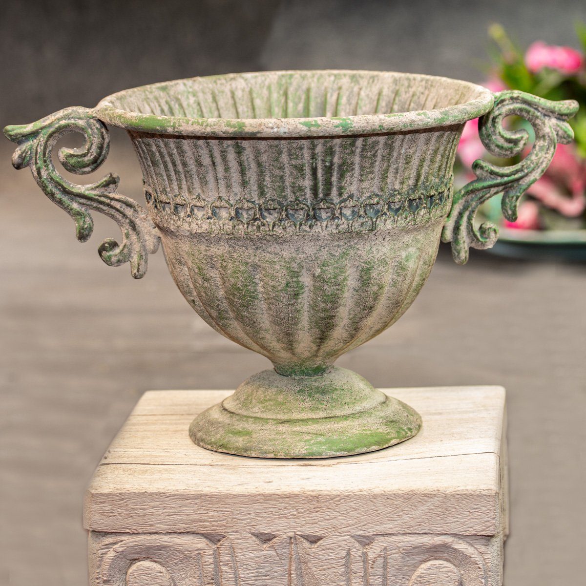 Antikas Blumentopf Französische Vase aus Eisen, Rund, Shabby Look, Blumenvase