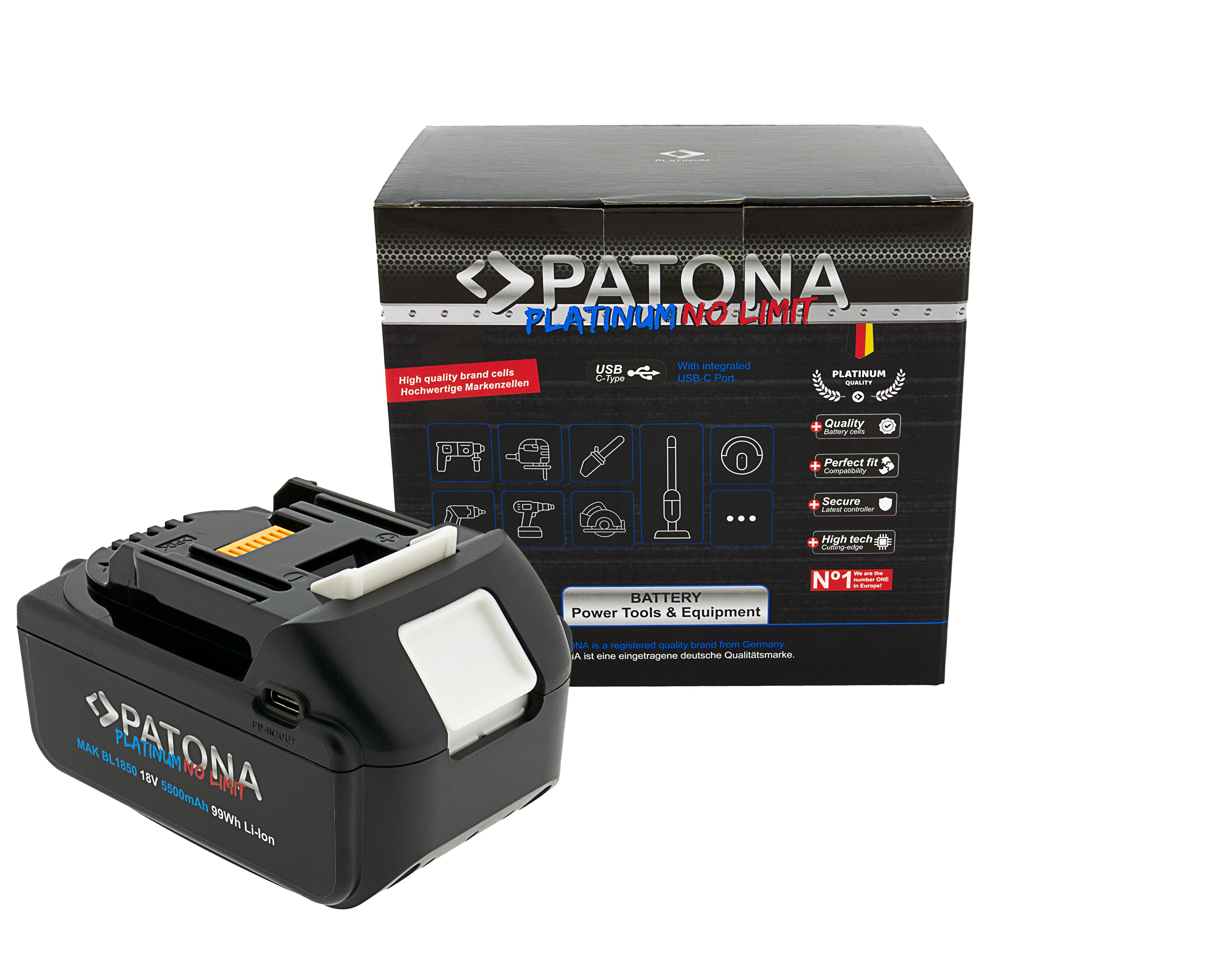 Patona USB-C (In- und Output) Akku ersetzt Makita BL1850B u. BL1860B 5500 mAh (18V V), kompatibel mit Makita LXT-Serie