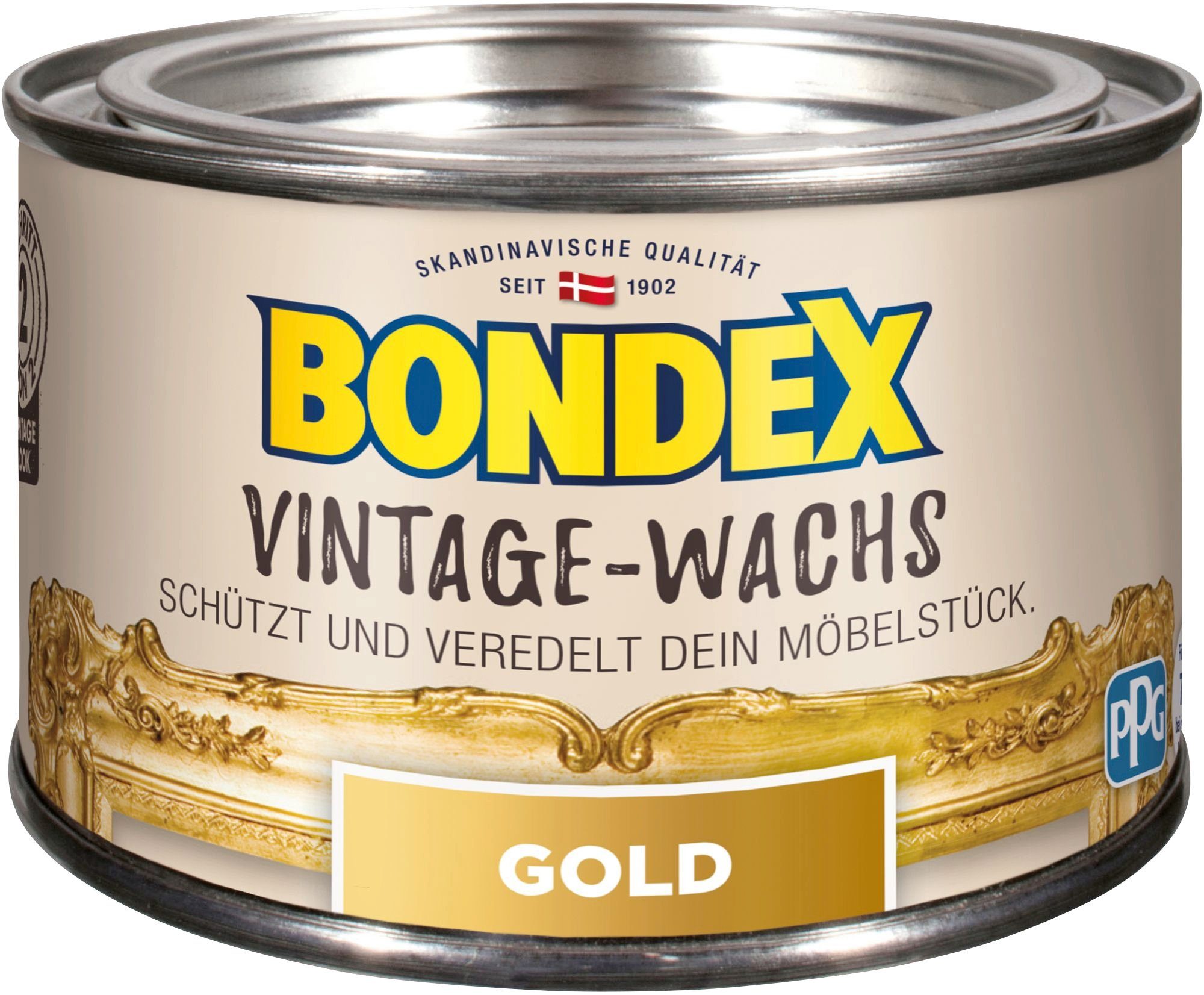 Bondex VINTAGE-WACHS Grau Schutzwachs, zum Schutz und Veredelung der Möbelstücke, 0,25 l goldfarben | Bodenpflege