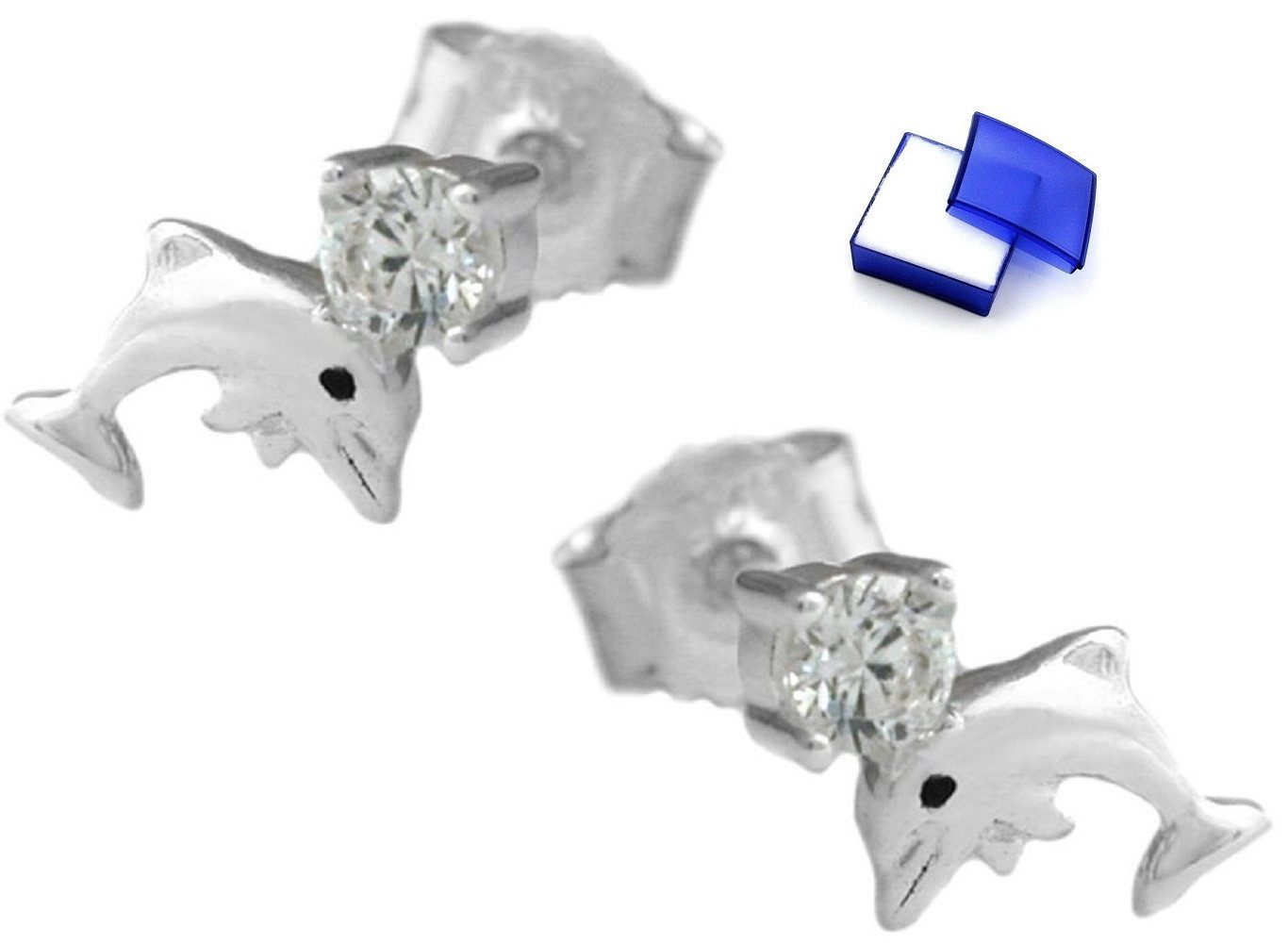 Paar Ohrstecker Ohrringe Delfin mit Zirkonia weiß 925 Silber 9 x 5 mm inkl. Schmuckbox