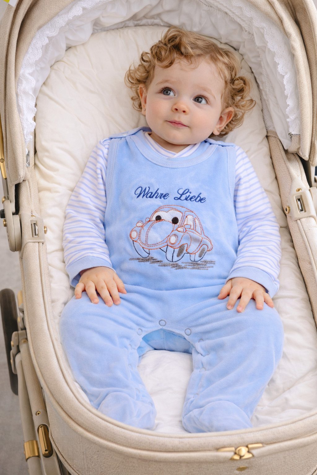 La Bortini Strampler Baby Anzug Stramplerhose aus Velours und Hemdchen in Blau mit Auto aus weichem Velours und Baumwolle, 44 50 56 62 68 74 80