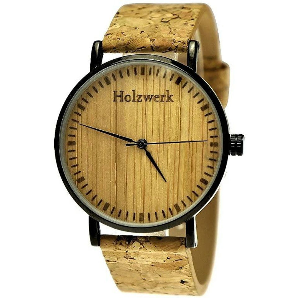 Holzwerk Quarzuhr KLAARST Damen und Herren Holz Uhr mit Kork & Leder Armband, beige | Quarzuhren