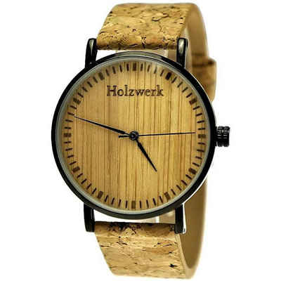 Holzwerk Quarzuhr KLAARST Damen und Herren Holz Uhr mit Kork & Leder Armband, beige