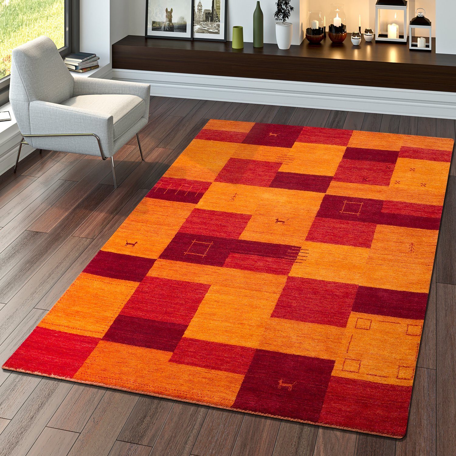 Teppich Indischer Gabbeh Handgefertigt Modern 100% Wolle Karo In Terrakotta, TT Home, rechteckig, Höhe: 13 mm