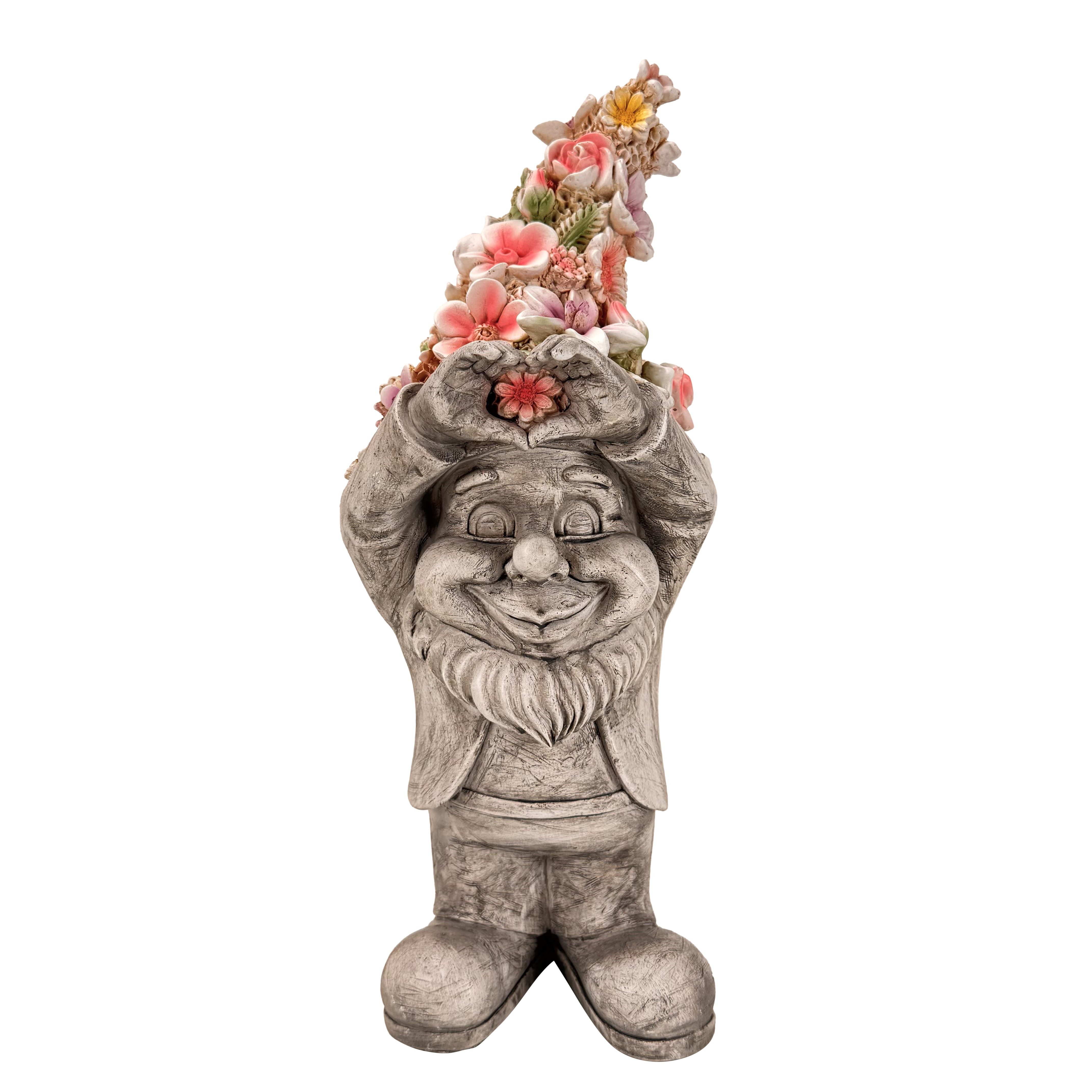 Online-Fuchs Gartenfigur für draußen - Gartenzwerg, Wichtel mit Blumenmütze - 39 cm groß, aus langlebigem Kunstharz gefertigt, wetterfest - Gartendeko – Bild 2 von 5