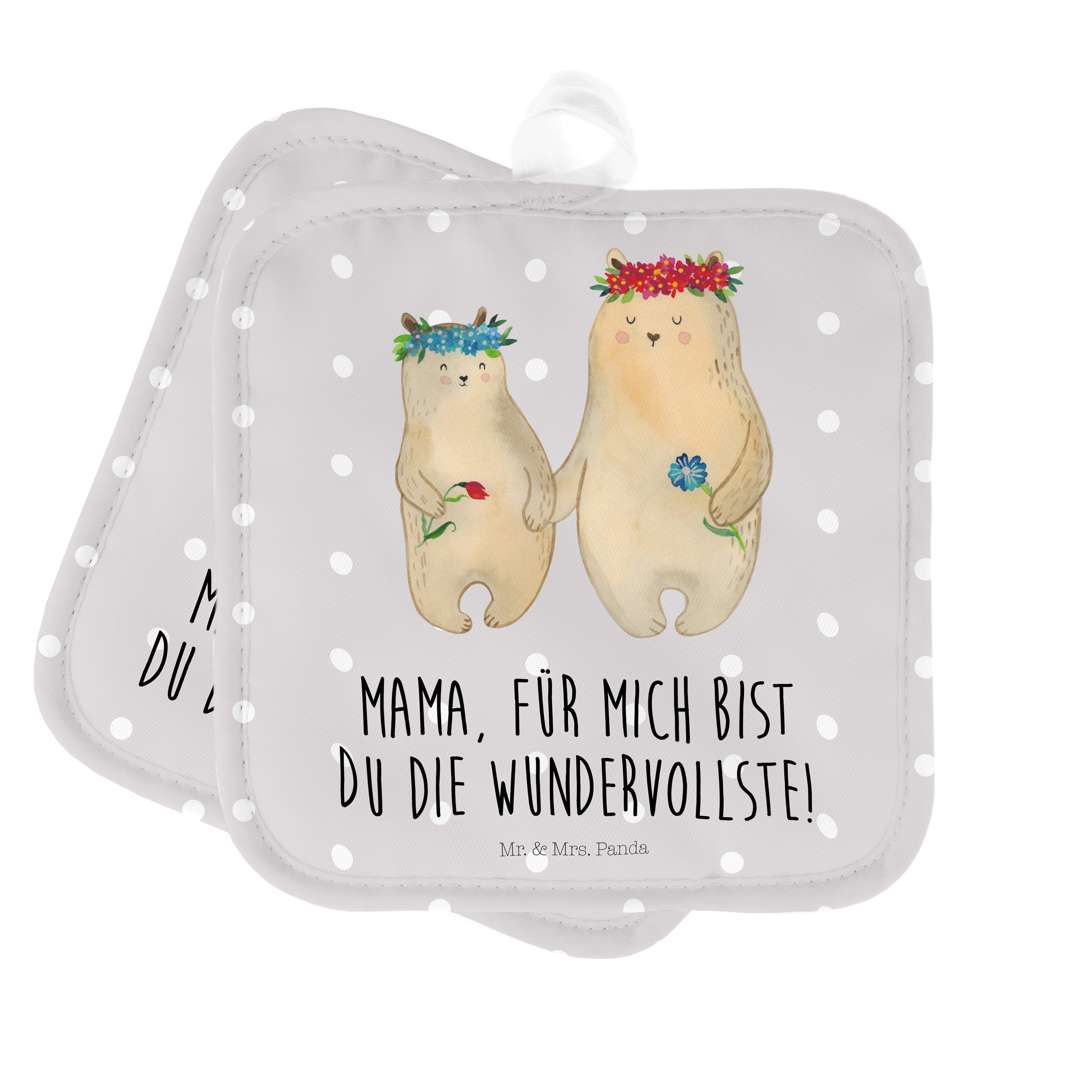 Mr. & Mrs. Panda Topflappen Bären mit Blumenkranz - Grau Pastell - Geschenk, Kind, beste Mutter, (1-tlg)