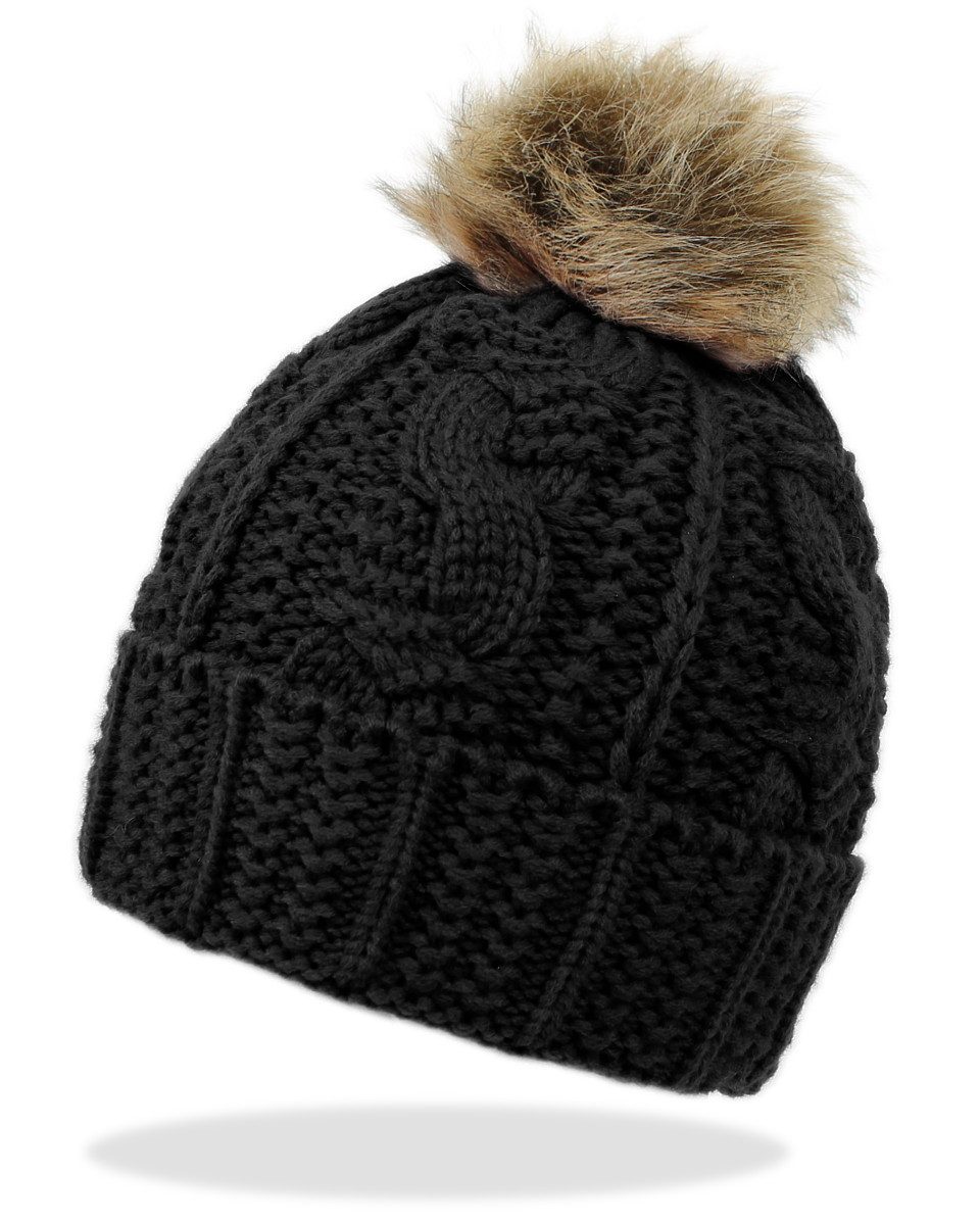 Bommelmütze Damen Bommelmütze mit Innenfutter Strickmütze mit Bommel Winter Mütze