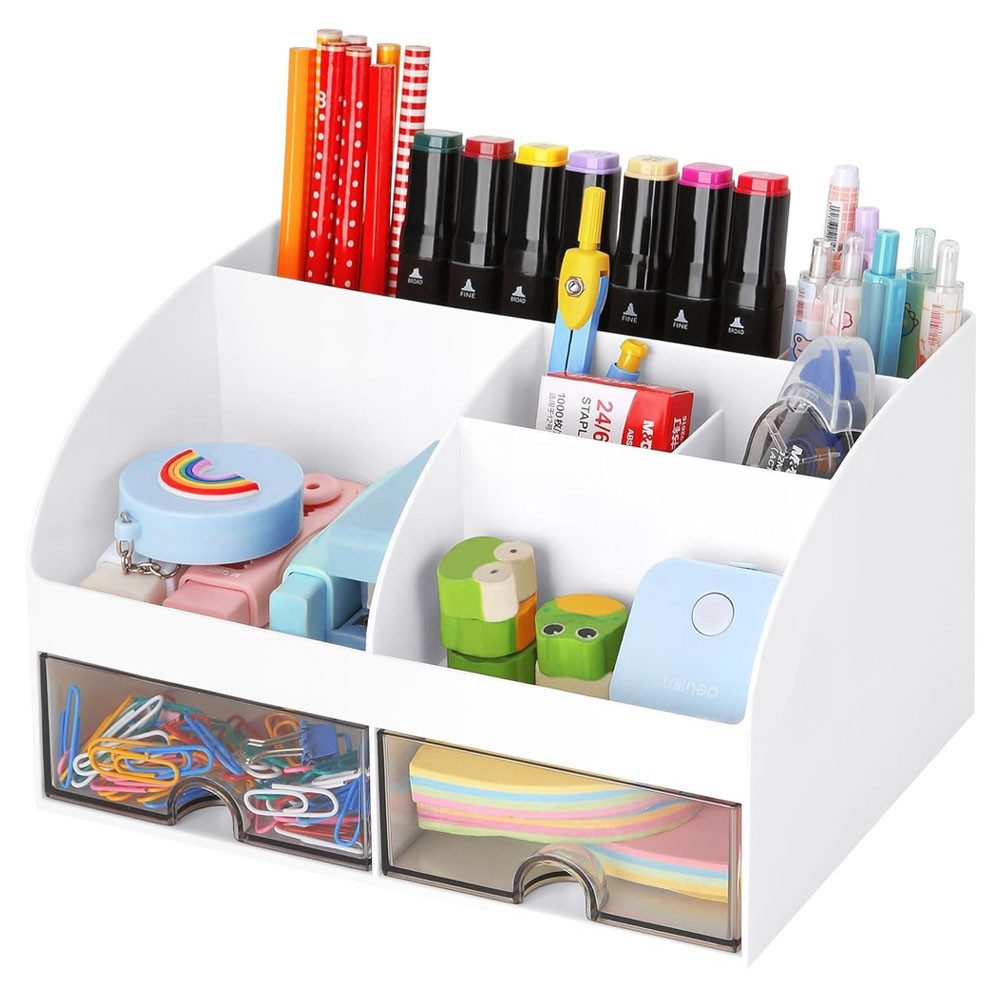 TUWENA Schreibtisch Schreibtisch Organizer Stiftehalter Stifte Organise mit 2 Schubladen, Multifunktionaler Stifteköcher für Büro Zuhause Schule Kinder 8 Fächer