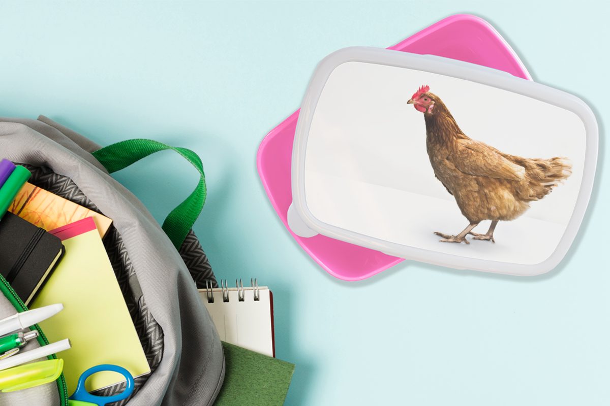 Kunststoff Hintergrund, weißem rosa Erwachsene, Mädchen, Brotbox MuchoWow Brotdose Snackbox, Kinder, für auf Kunststoff, Lunchbox Huhn (2-tlg), Braunes